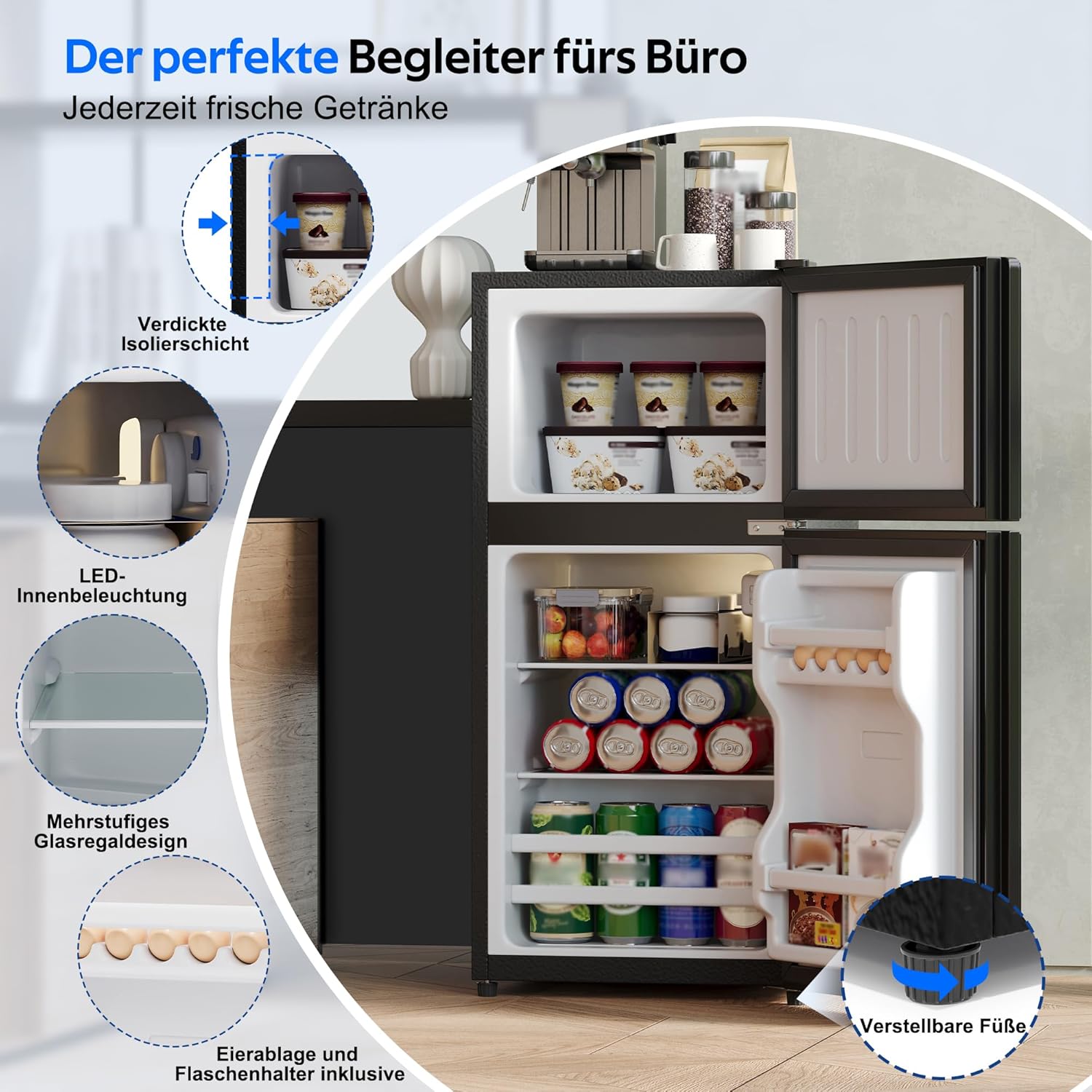 Merax Kühlschrank mit Gefrierfach, 60L Kleiner Kühlschrank, kompakt, Glastür, LED-Innenbeleuchtung, manuelle Temperaturregelung, Glasablagen, 45 dB(A), Mini Fridge für Studentenwohnheim Büro, Schwarz