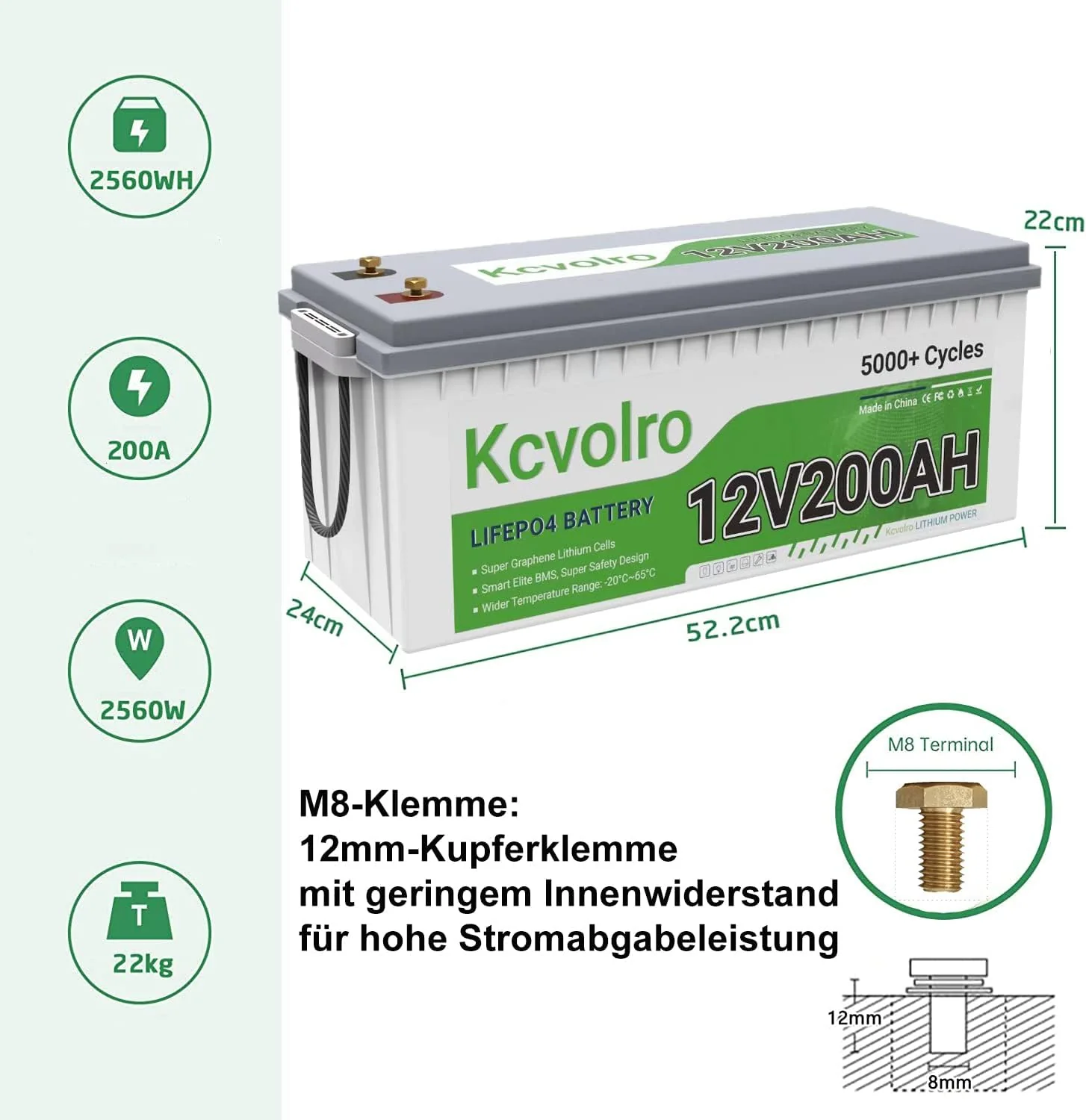 Kcvolro Bluetooth LiFePO4 200Ah 12V Lithium Batterie, über 7000-15000+ Zyklen, 2 fache Lebensdauer E