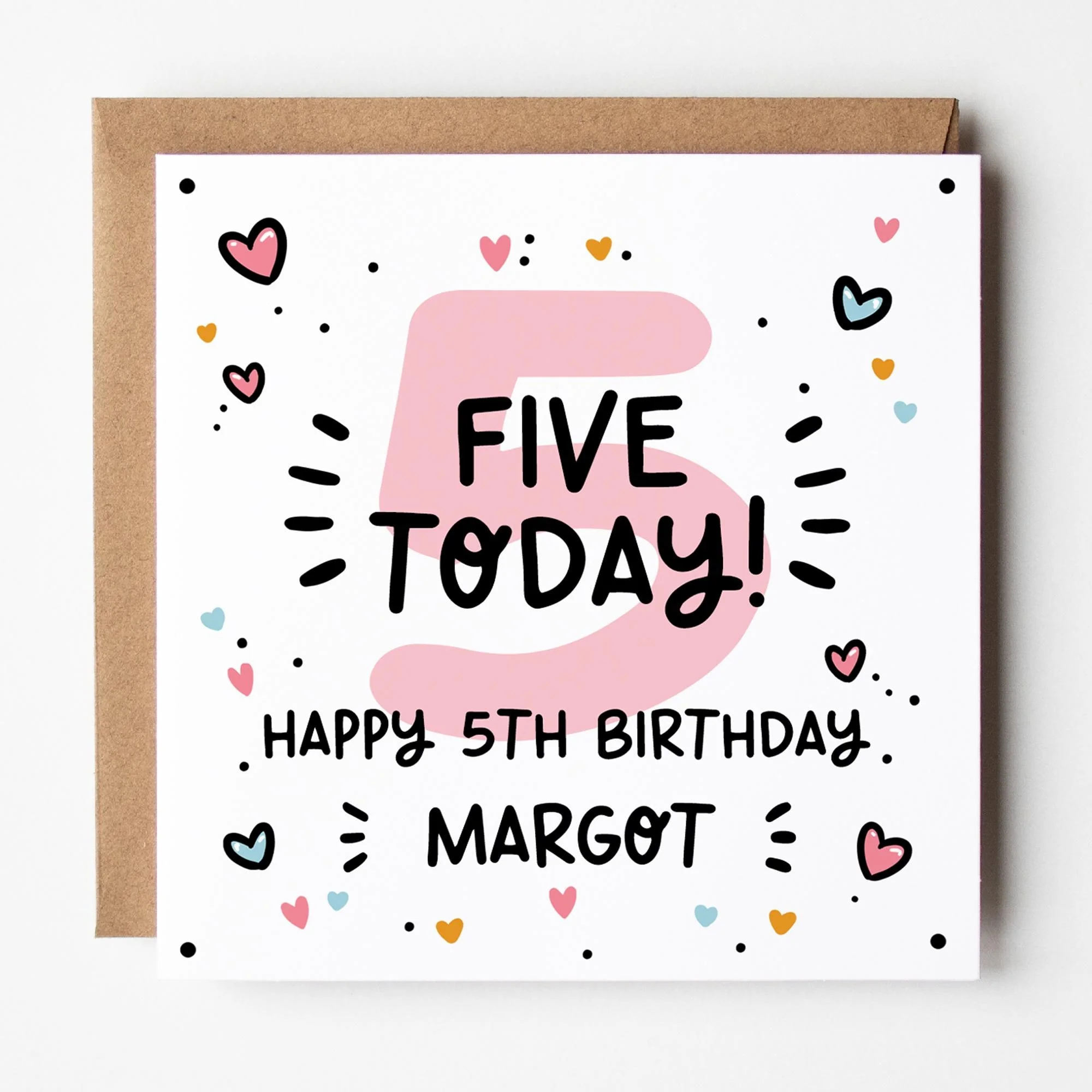 Girls Birthday Card, Personalised 4th or 5th Number Card With Kraft Envelope