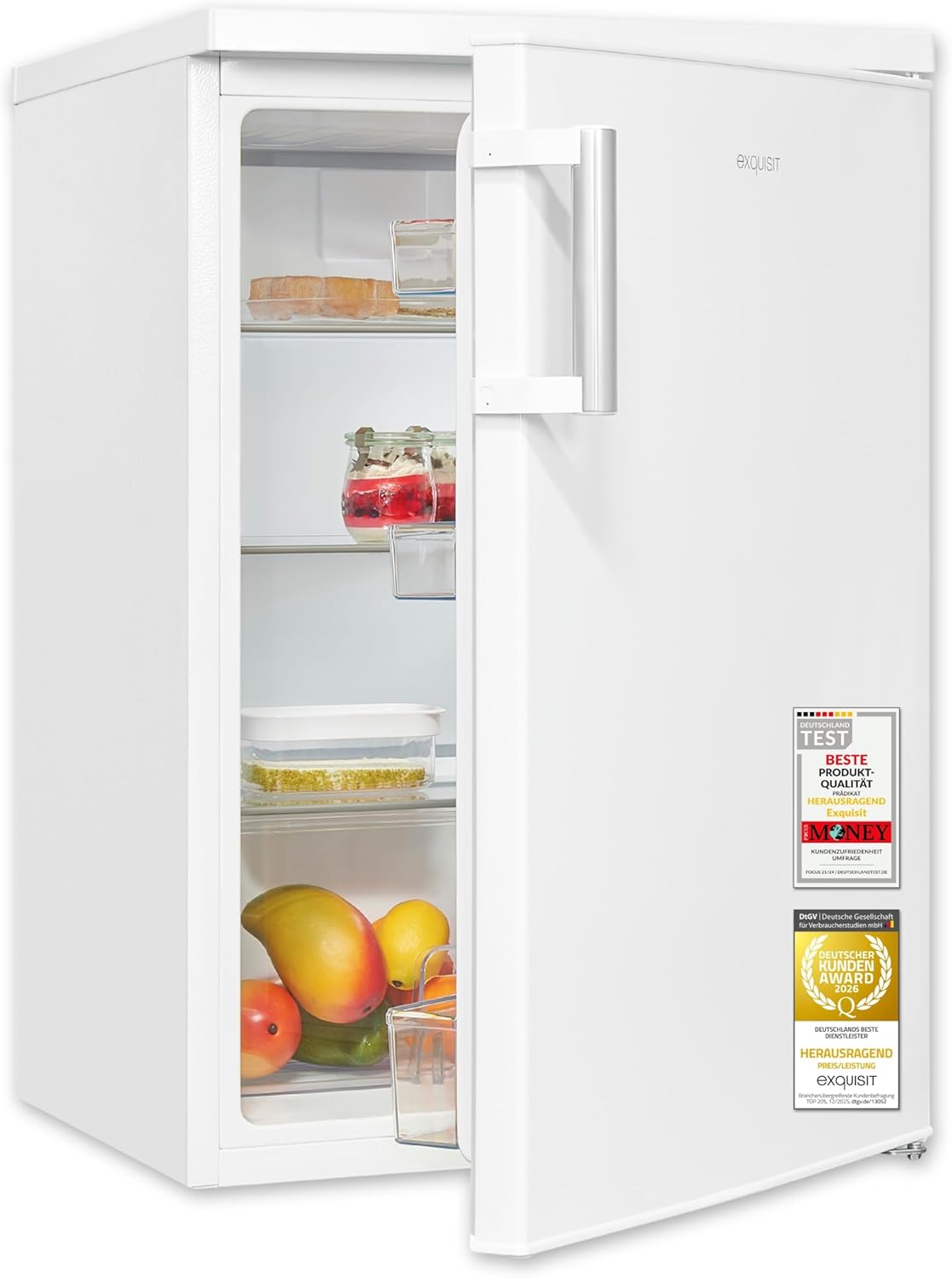 Exquisit Vollraumkühlschrank 133 l Nutzinhalt, Energieklasse E, 40 dB(A) kompakte Bauform, LED-Innenbeleuchtung, manuelle Temperaturregelung, Flaschenfach, Gemüseschublade KS516-V-H-010E weiss