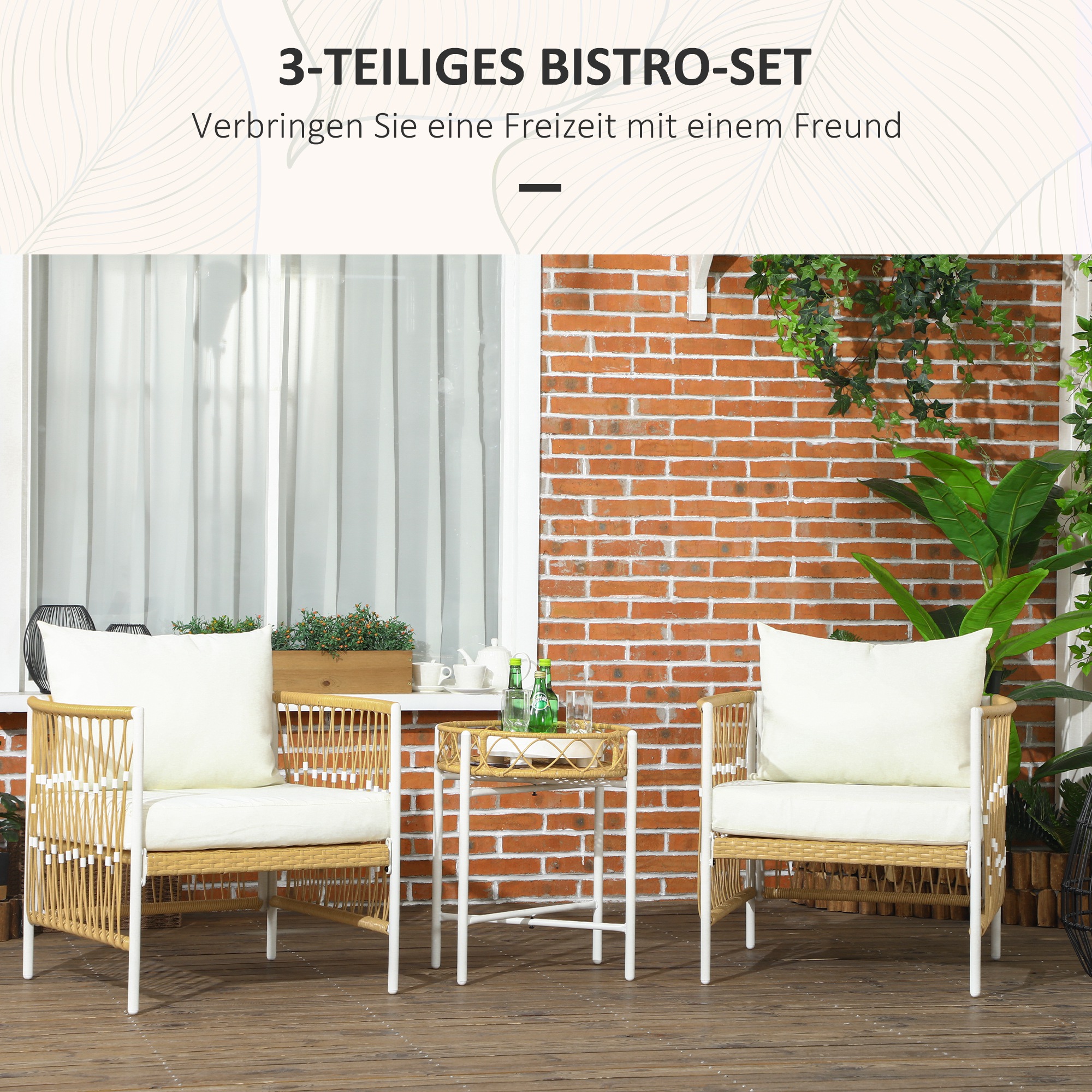 Outsunny 3-delige Bistroset Tuinmeubelset Loungeset, PE-rattan, 72 cm x 66 cm x 64 cm, Geel+Crème