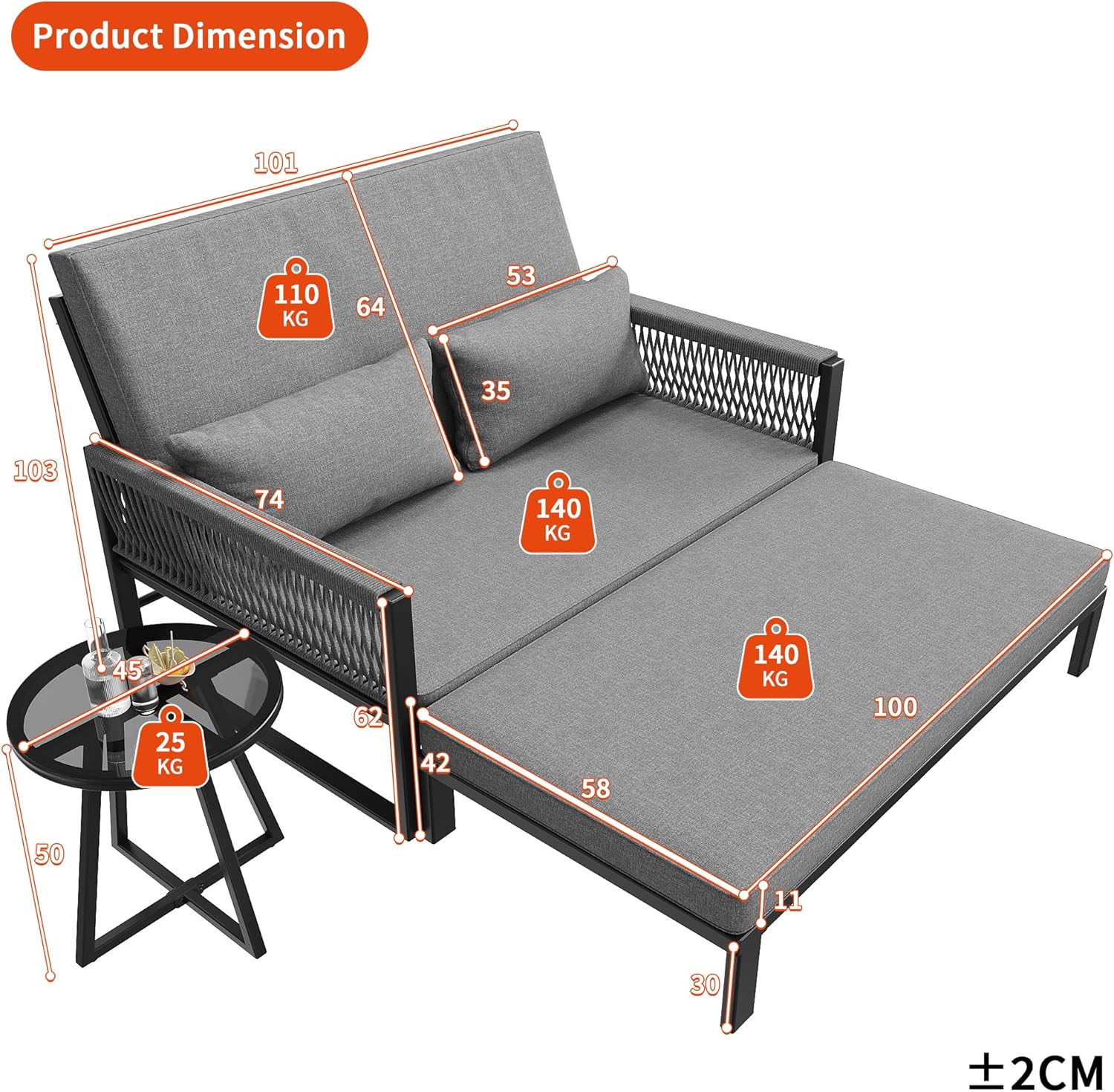 Gartenliege Sonnenliege mit geflochtenen Armlehnen aus Eisen, Wetterfestes Outdoor-Sofa, Inkl. Glas-Couchtisch & Polstern, Daybed Outdoor, Zweisitzer-Sofa mit Hocker und Couchtisch, Grau