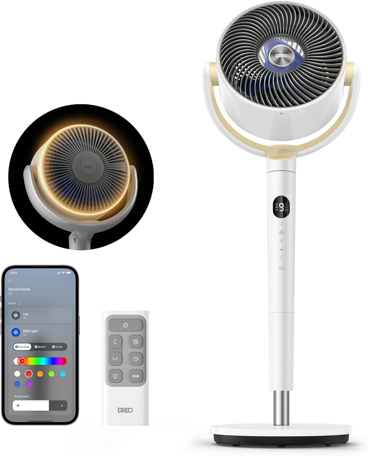 DREO Smart Fan for Bedroom, 120° +120° Omni-Directional Oscillating Fans, 100ft Quiet Pedestal Fan with RGB Light, 9 Speeds, 6 Modes, 20dB, 8H Timer, Wi-Fi/Voice/Alexa, 37-42