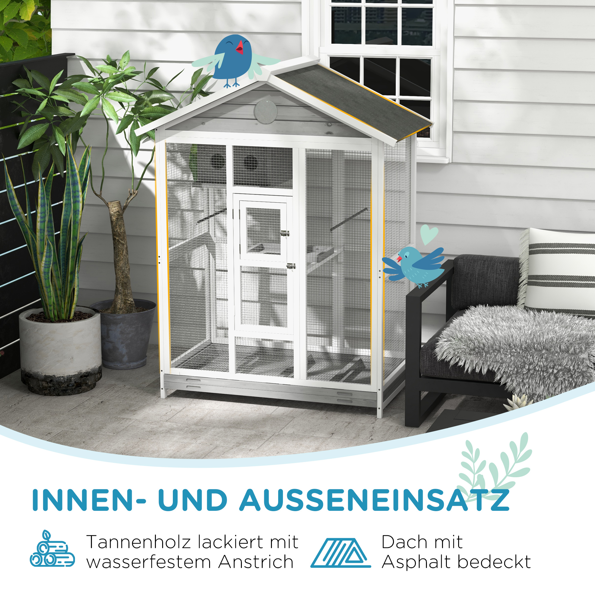 PawHut Houten vogelkooi met 4 zitstokken, asfaltdak, waterdicht, 112 x 68 x 154 cm