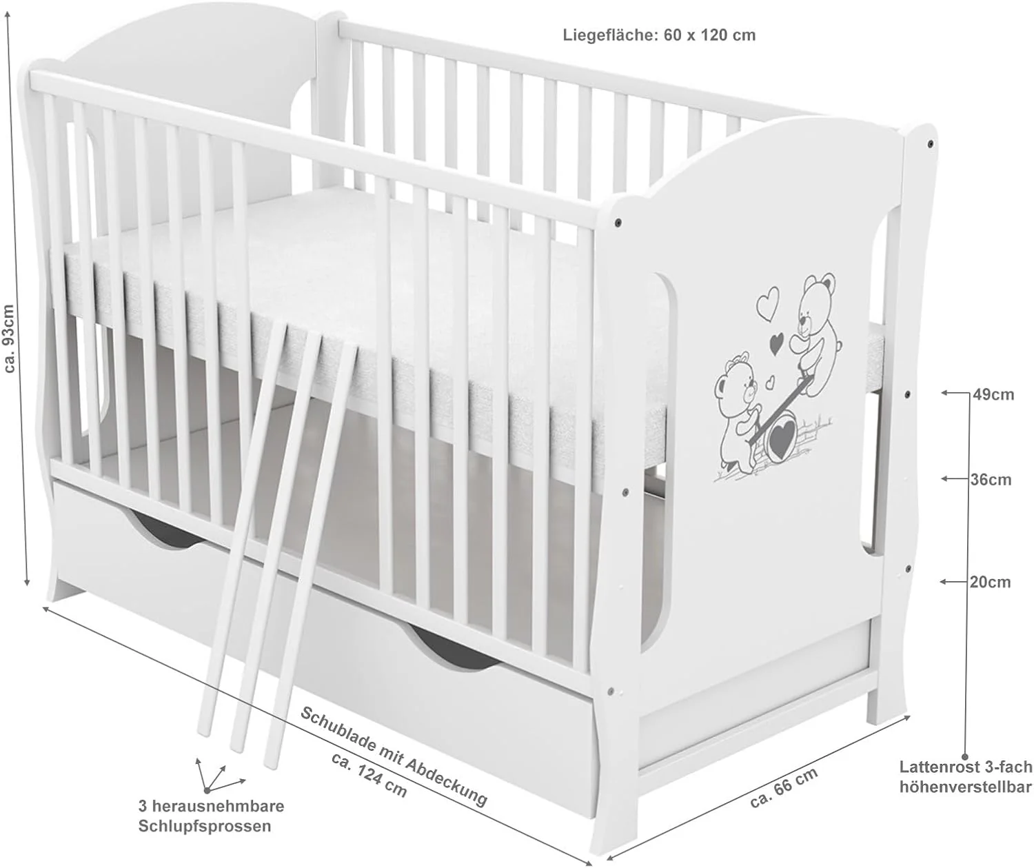 Lettino Baby Delux 60x120 bianco trasformabile in lettino per bambini con cassetto materasso e dondolo con motivo orsetto
