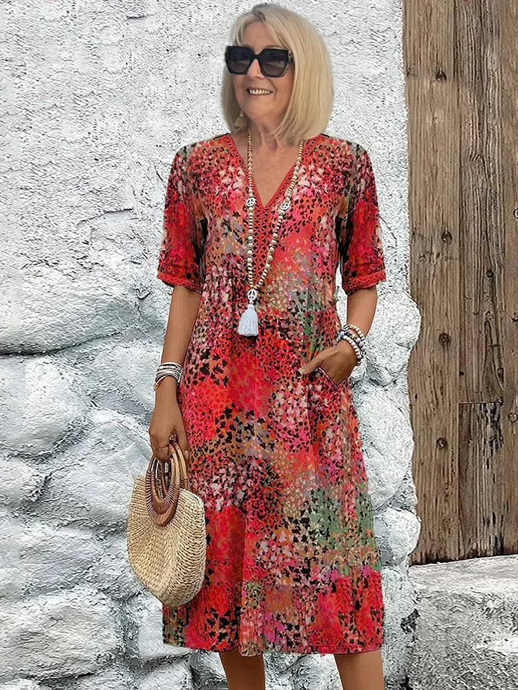 Women��s Vibrant Midi Dress Flowy Design with Pockets