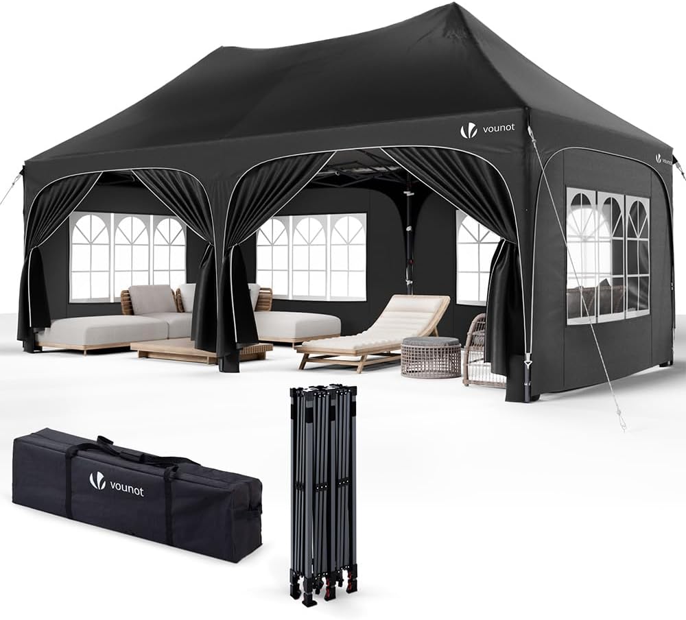VOUNOT 3x6m Gazebo Pieghevole con 6 Pareti Lateral, Impermeabile e Resistente, Pop up Tendone Robusto per Feste, Esterno, Giardino, Fiere, con 6 Sacchi di Sabbia e Borsa di Trasporto, nero