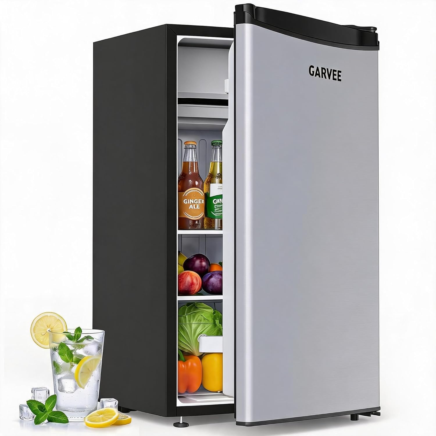 Garvee Leiser Mini Kühlschrank 45L – Edelstahlfront, 5 Temperaturstufen (0–18℃), Gemüseschublade, verstellbare Füße, kompakt & energieeffizient – Für Zimmer & Büro – European Standard