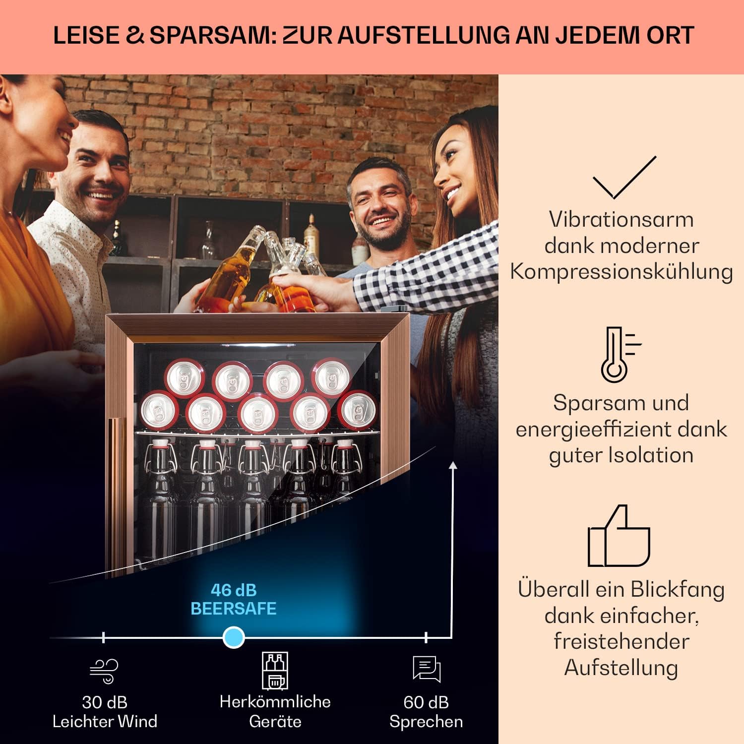 Klarstein Mini Koelkast met Glazen Deur voor Kamer, Drankenkoelkast met Verstelbare Planken, Klein 80 Liter, Indoor/Outdoor Koelkast Stil