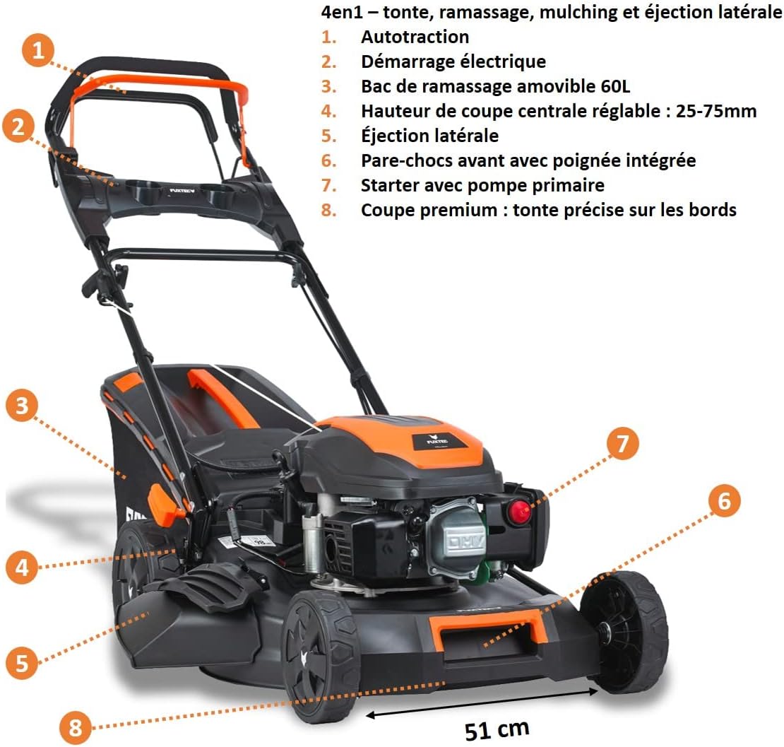FUXTEC Tondeuse Thermique Autotractée Démarrage Électrique FX-RM5170eS 4en1-170cm3 4CV | 4 Temps Largeur De Coupe 51cm, Hauteur 7 Positions, Bac 60L, Fonction Mulching, Éjection Latérale Noir, Orange