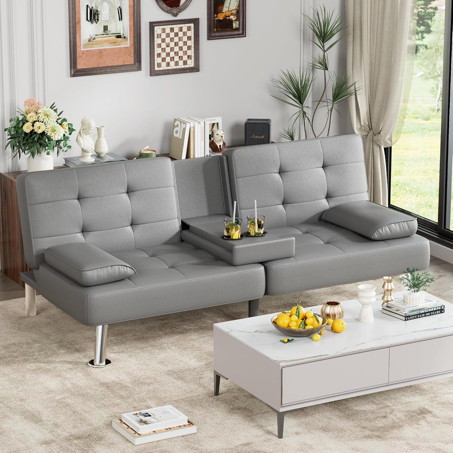 Homall Futon Sofa Bed Leather Futon Couch Removable Armrests Adjustable Recliner Sofa Bed