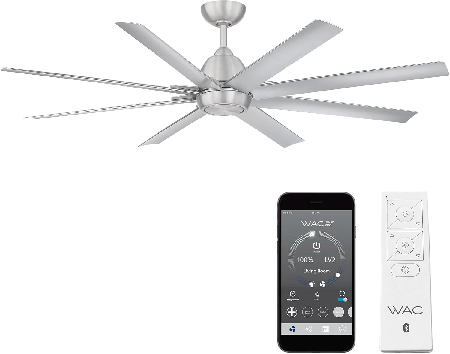 WAC Lighting Mocha XL 8 lapátos alumínium okos mennyezeti ventilátor szálcsiszolt nikkel színben
