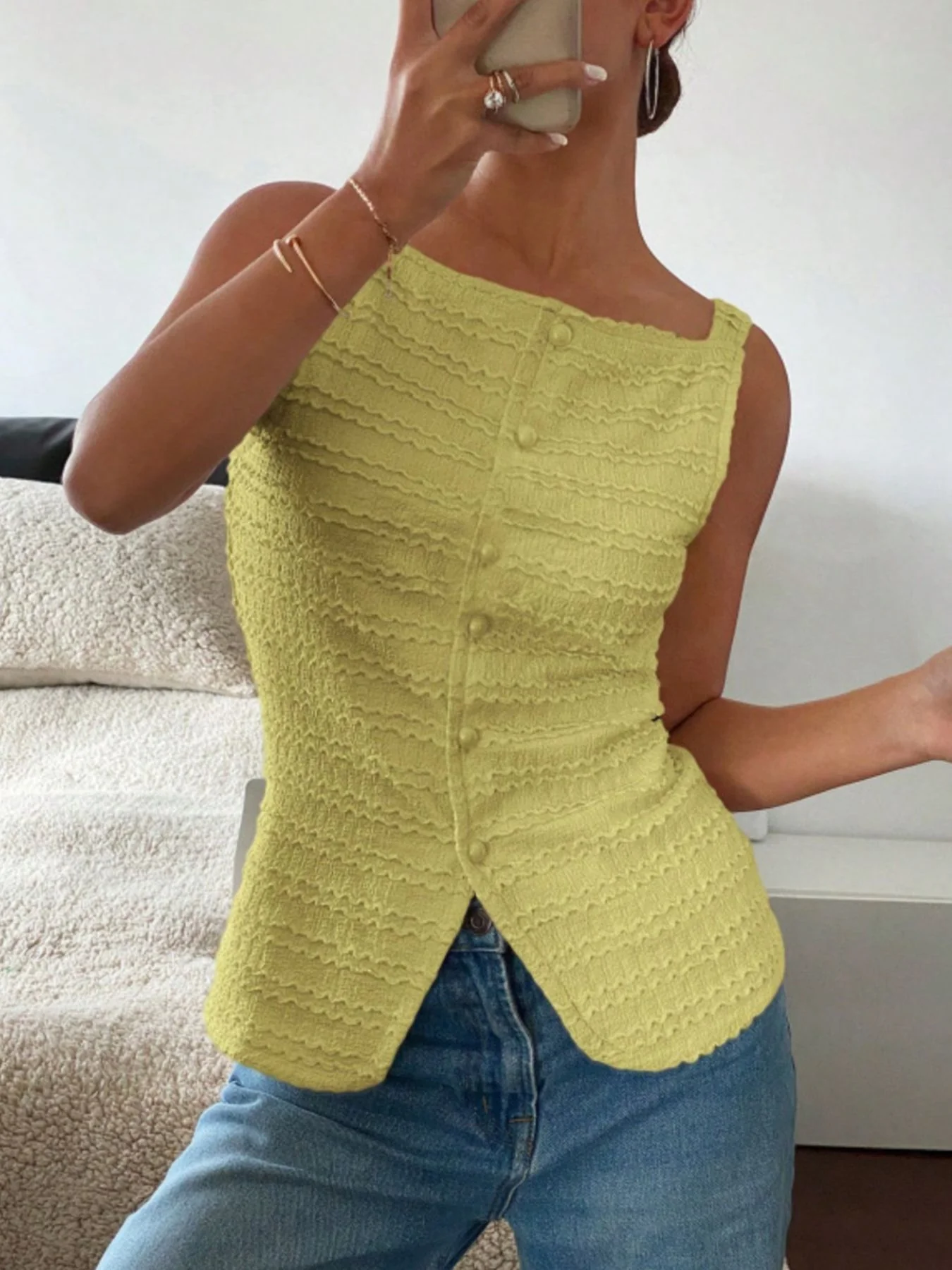 Textured Button-Front Tank