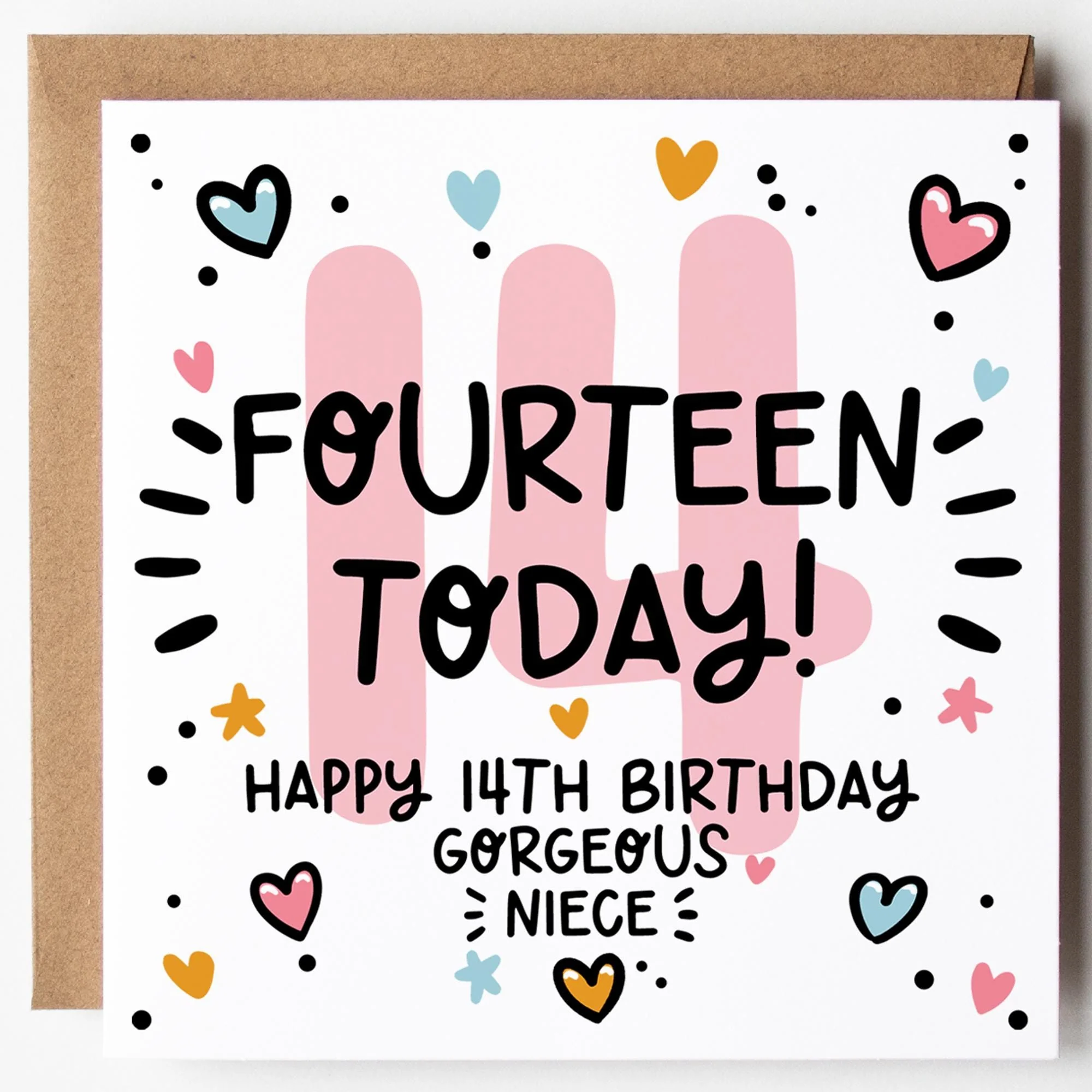 Niece 14th Birthday Card; Fourteen Today, with Kraft Envelope