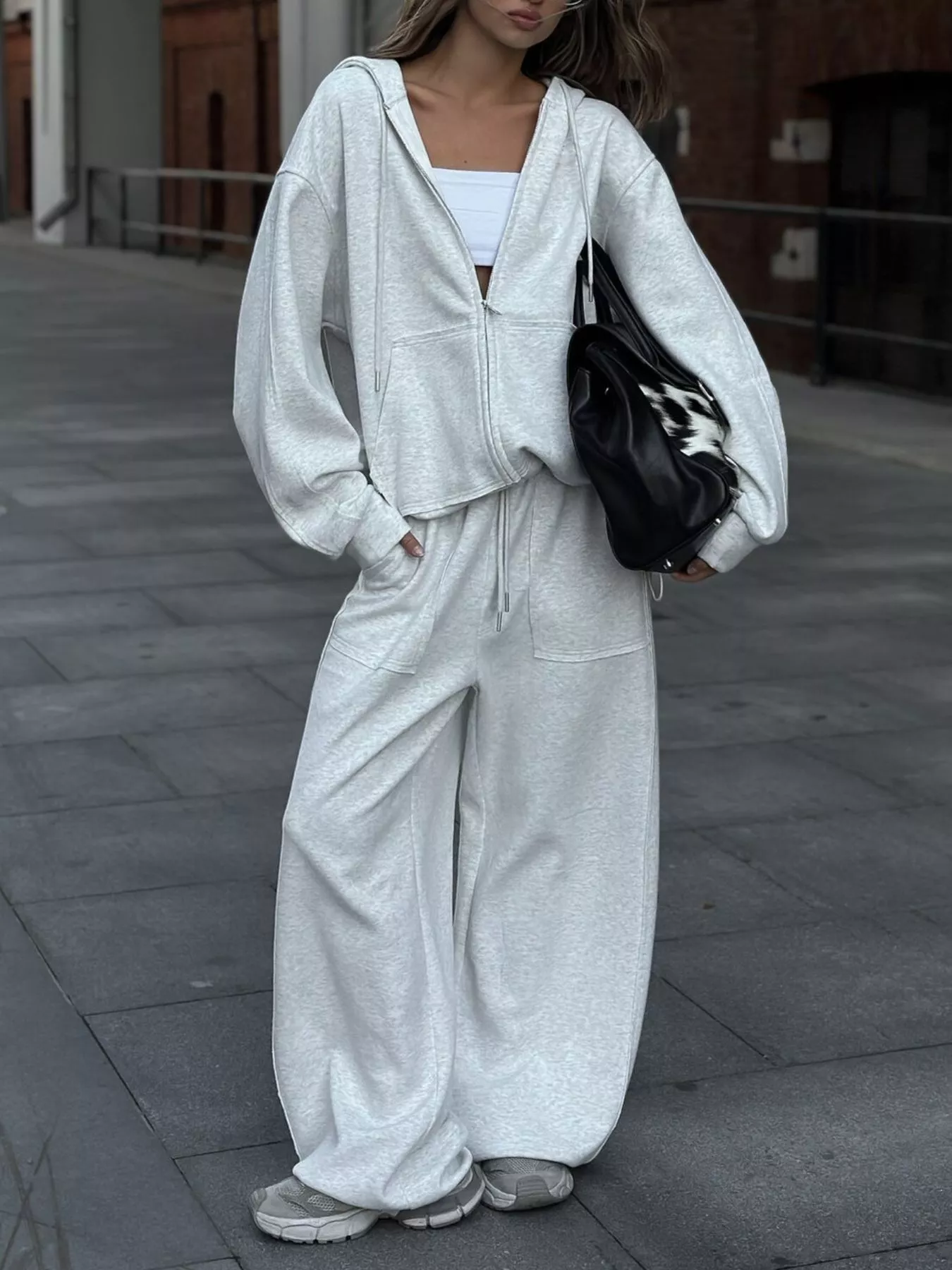 Oversized Zip-Up Hoodie and Wide-Leg Pants Set