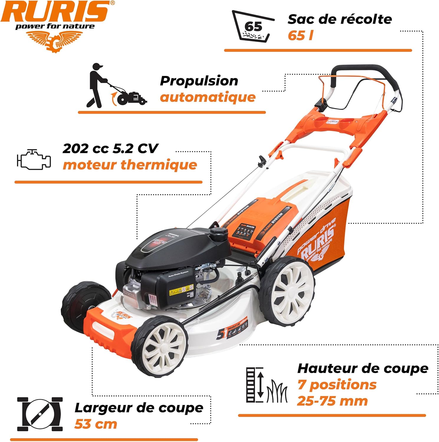 RURIS Power for Nature Tondeuse à Gazon Thermique RX555s Moteur Honda 5,2 CV, 202cc, 530mm, Sac 65l, propulsee Automatique, 5 in 1: Ramassage, Éjection Arrière et Latérale, Mulching, Nettoyage