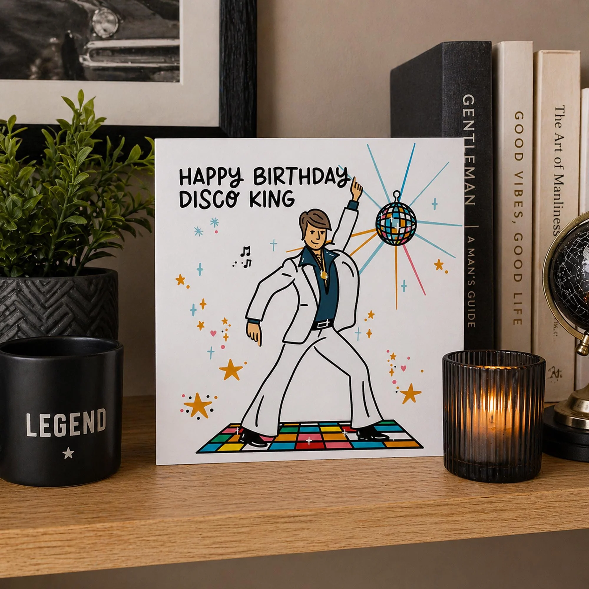 Disco Birthday Card For Him: Dancing King, Funny, with Kraft envelope