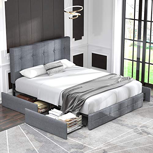Allewie Upholstered Queen Size Platform Bed Frame with 4 Storage Drawers and Headboard