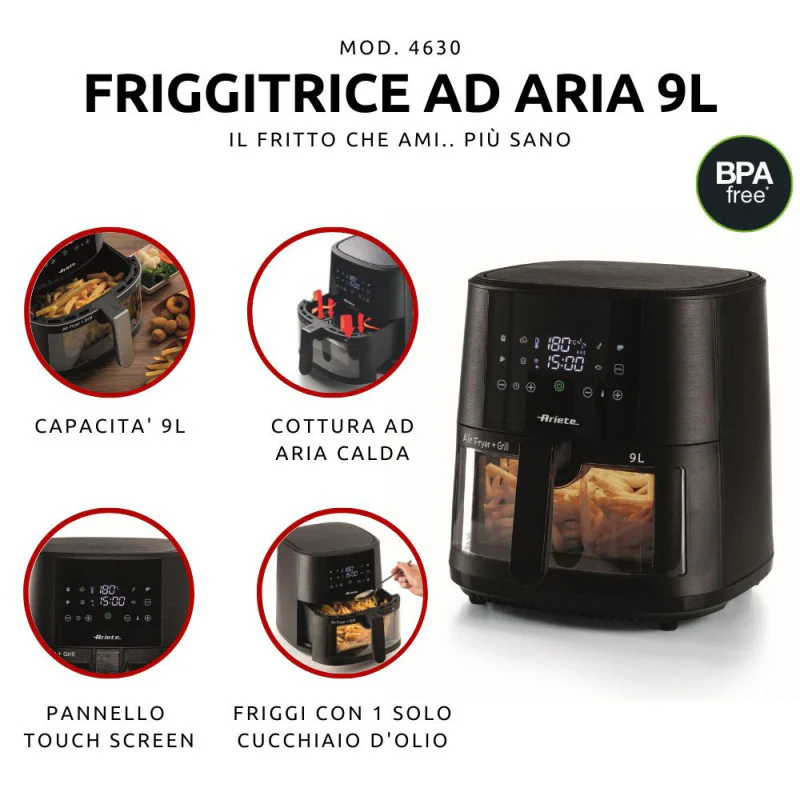 Friggitrice ad aria 9L 1500W - 8 programmi - Cestello trasparente - Nero