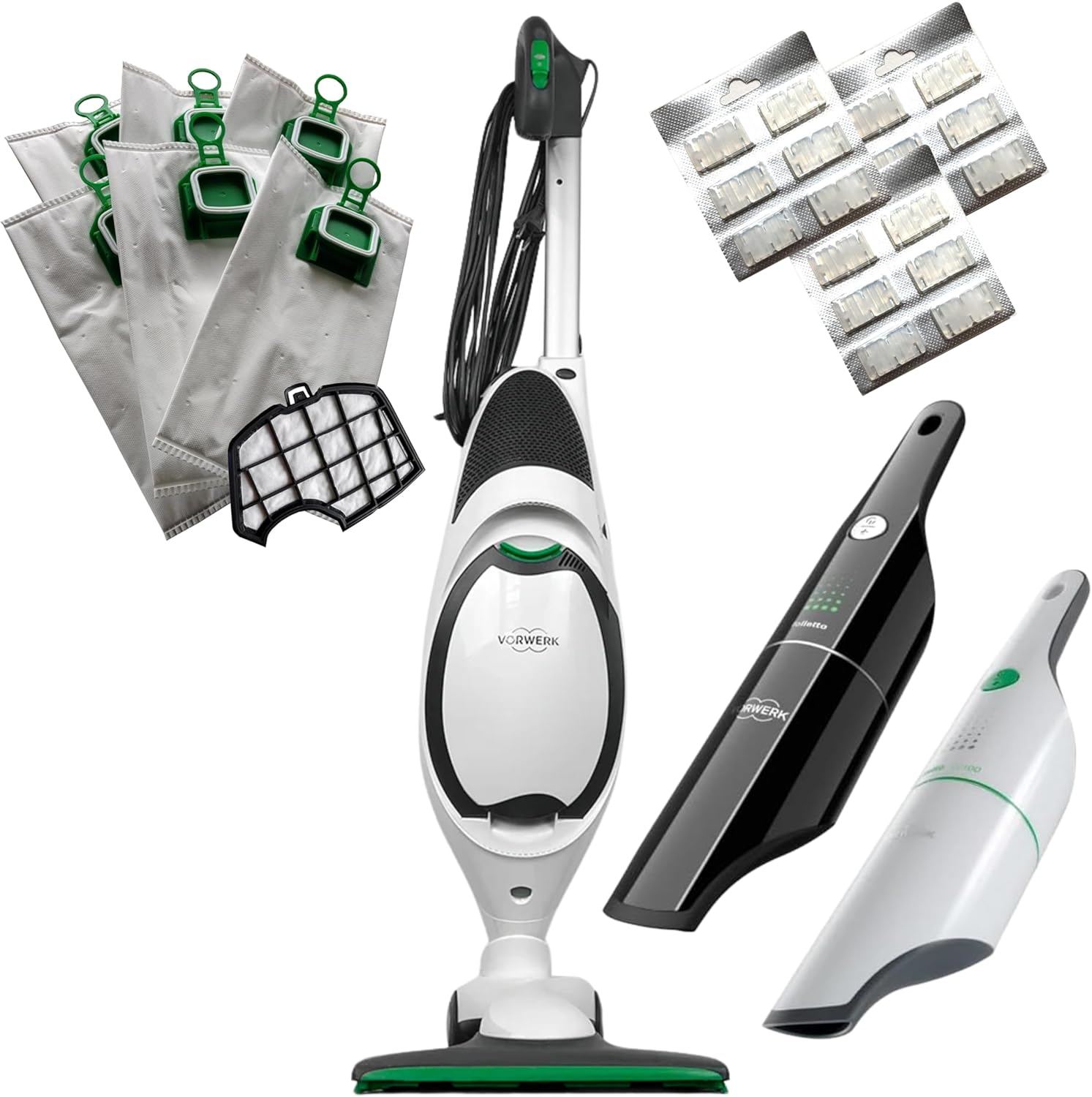 Aspirapolvere -FOLLETTO- VK150 NUOVA + Aspirabriciole (BIANCO O NERO SECONDO DISPONIBILITA) + HD50 - MOTORE ULTRA POTENTE + 6 SACCHETTI COMPATIBILI