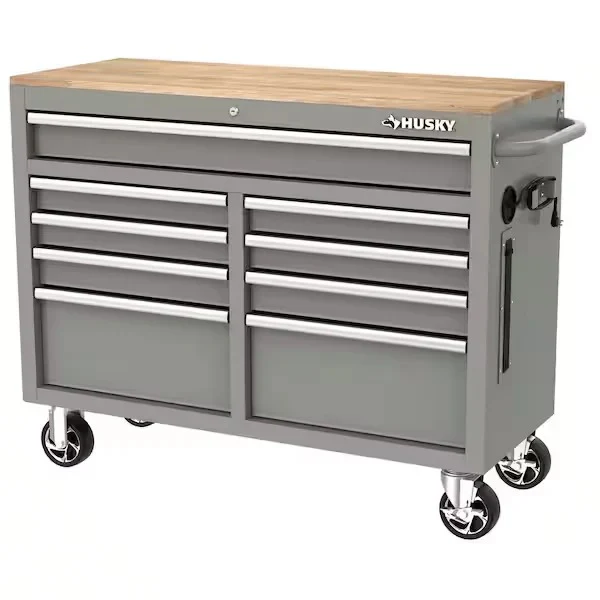 Mobile workbench with 9 drawers, hardwood top and power connection, 117 cm W x 62 cm D �C high-gloss black