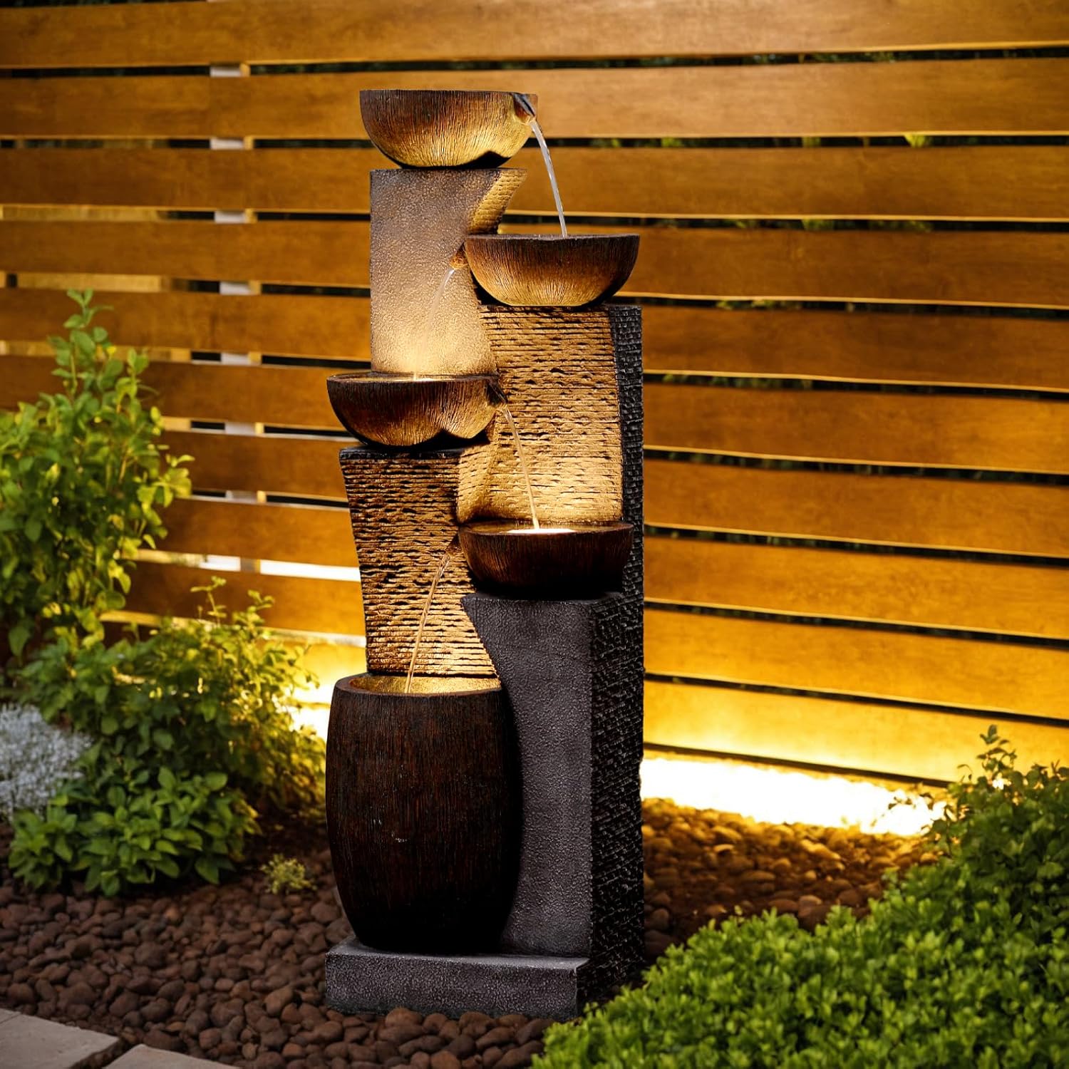 Bumilgar Großer Gartenbrunnen Springbrunnen für Außen mit LED Beleuchtung, 5-stufiger Wasserspiel Wasserfall Brunnen für Garten,Balkon,Terrasse,134x46x37 cm