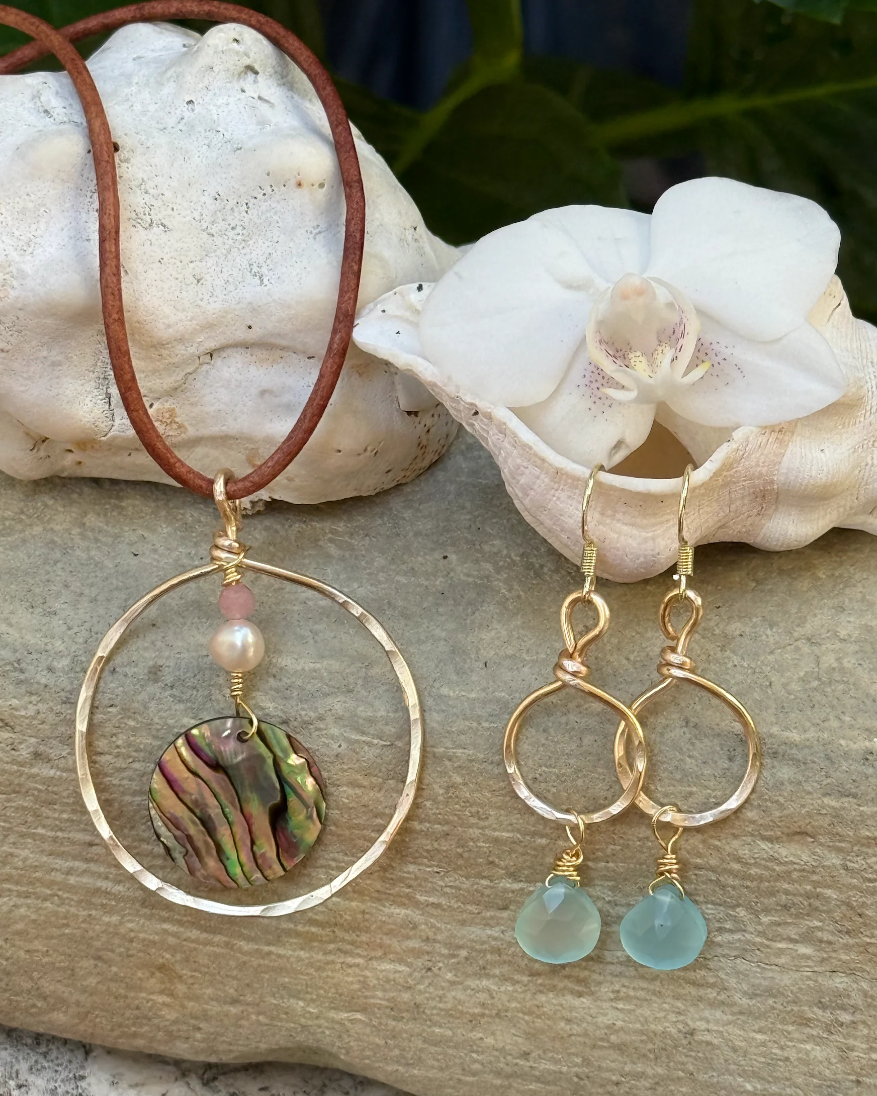 Gold Hammered Hoops w/ Chalcedony Gems