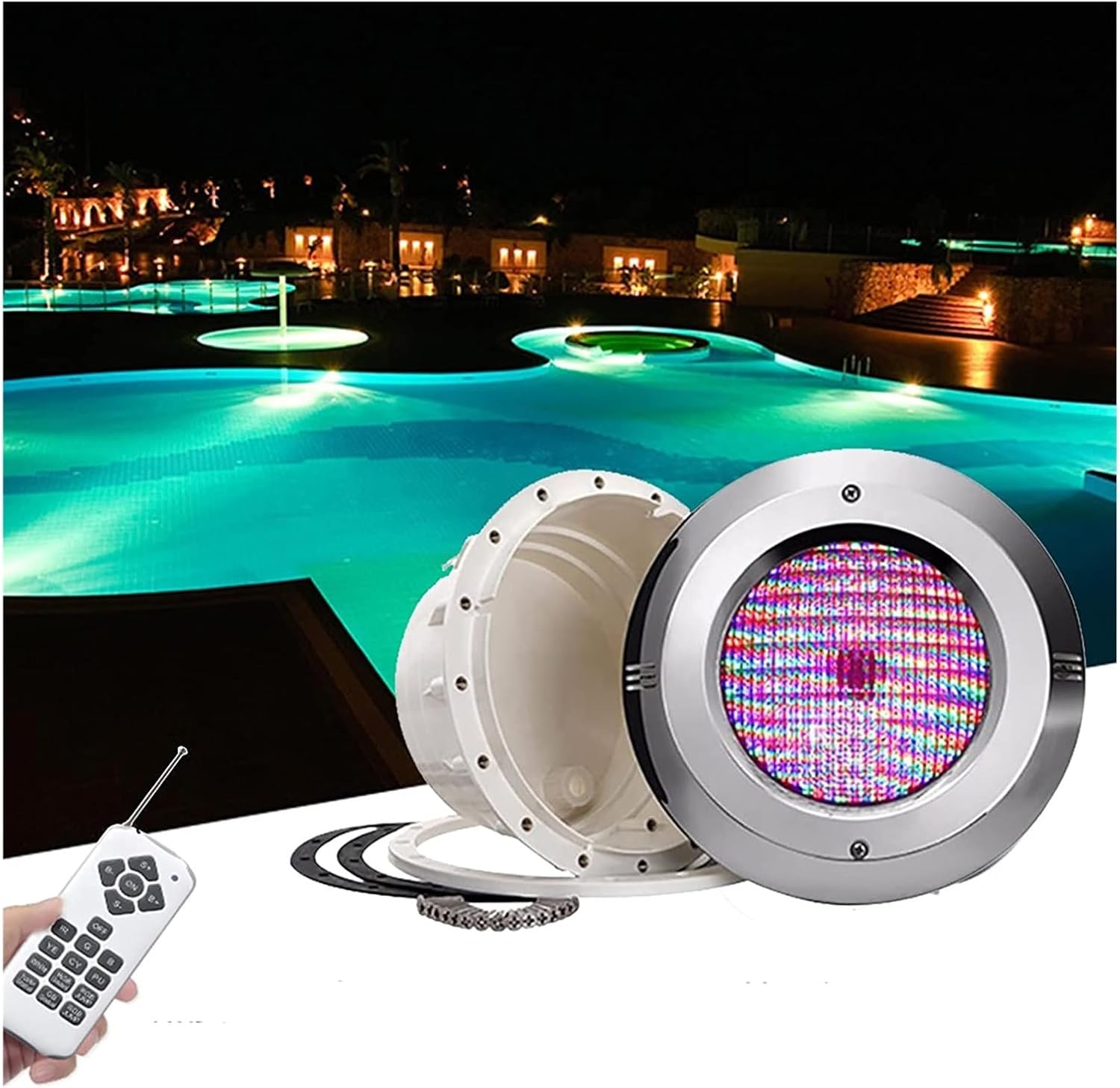 Led Poolscheinwerfer mit Nische PAR56 Edelstahlmaterial 12V AC IP68 Versenkte Unterwasserlampe für Schwimmbad mit Folientyp Wasserdicht(RGB + Fernbedienung,24W)