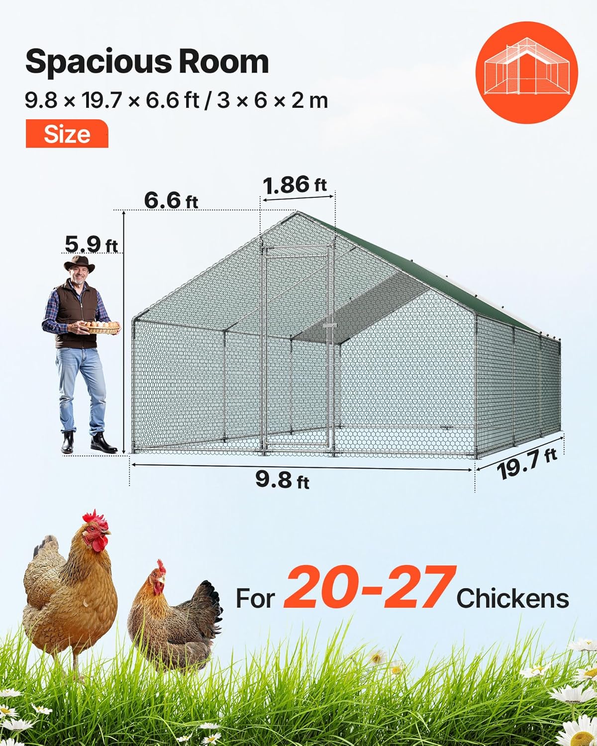 VEVOR Large Metal Chicken Coop  19.7x9.8x6.5ft Walk-in Chicken Runs for Yard with Cover  Spire Roof Hen House with Security Lock for Outdoor and Backyard  Farm  Duck Rabbit Cage Poultry Pen
