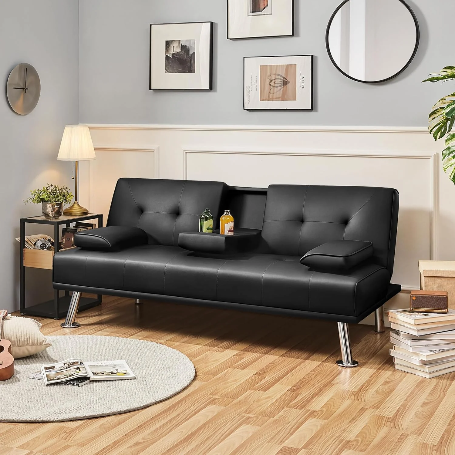 Yaheetech Convertible Sofa Bed Adjustable Couch Sleeper Modern Faux Leather Home Recliner Reversible Loveseat Folding Daybed Guest Bed, Removable Armrests, Cup Holders, 3 Angles, 772lb Capacity, Black