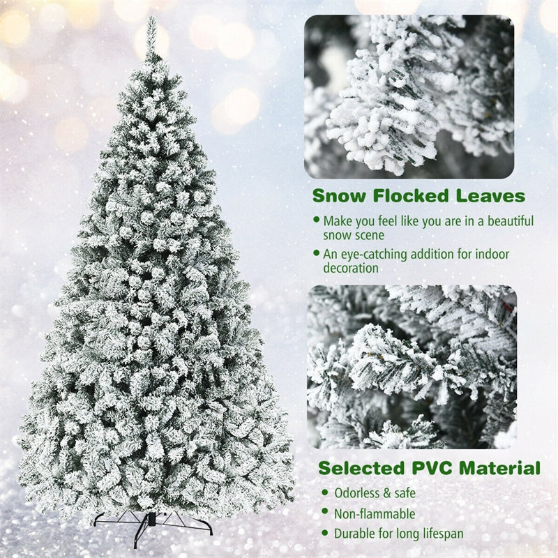 Premium Pre-Lit Snow Flocked Artificial Christmas Tree with Hinged Branch Tips & LED Lights