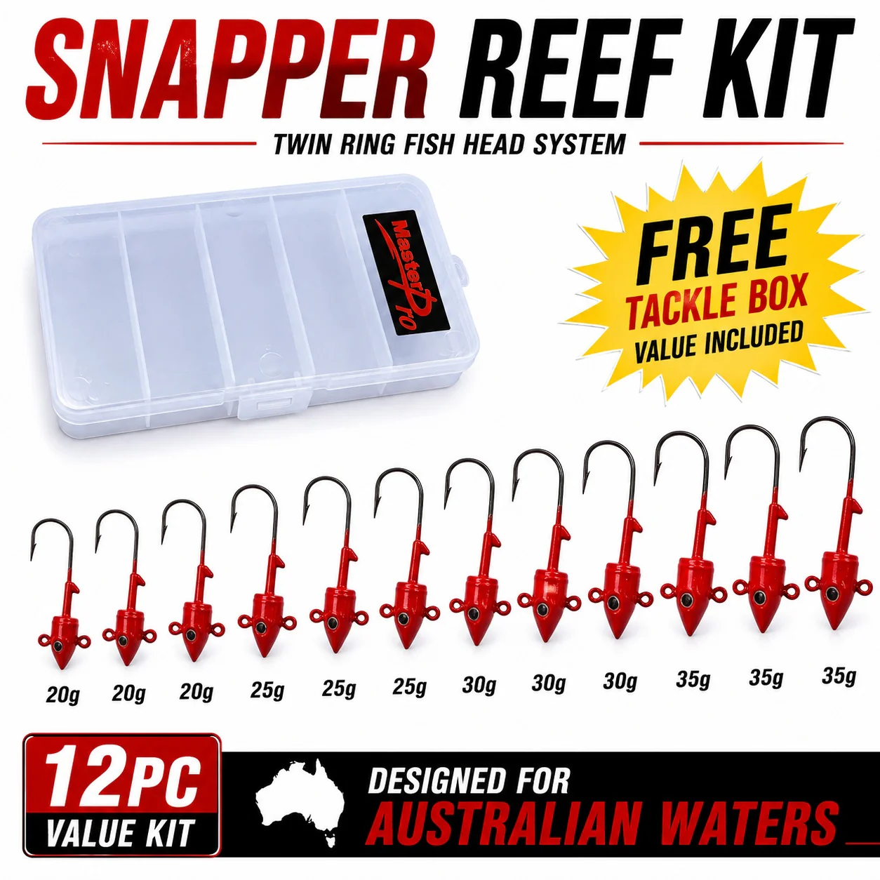 MASTERPRO Snapper Reef Fish Head Jighead Kit Twin Ring Offshore Soft Plastic Hooks
