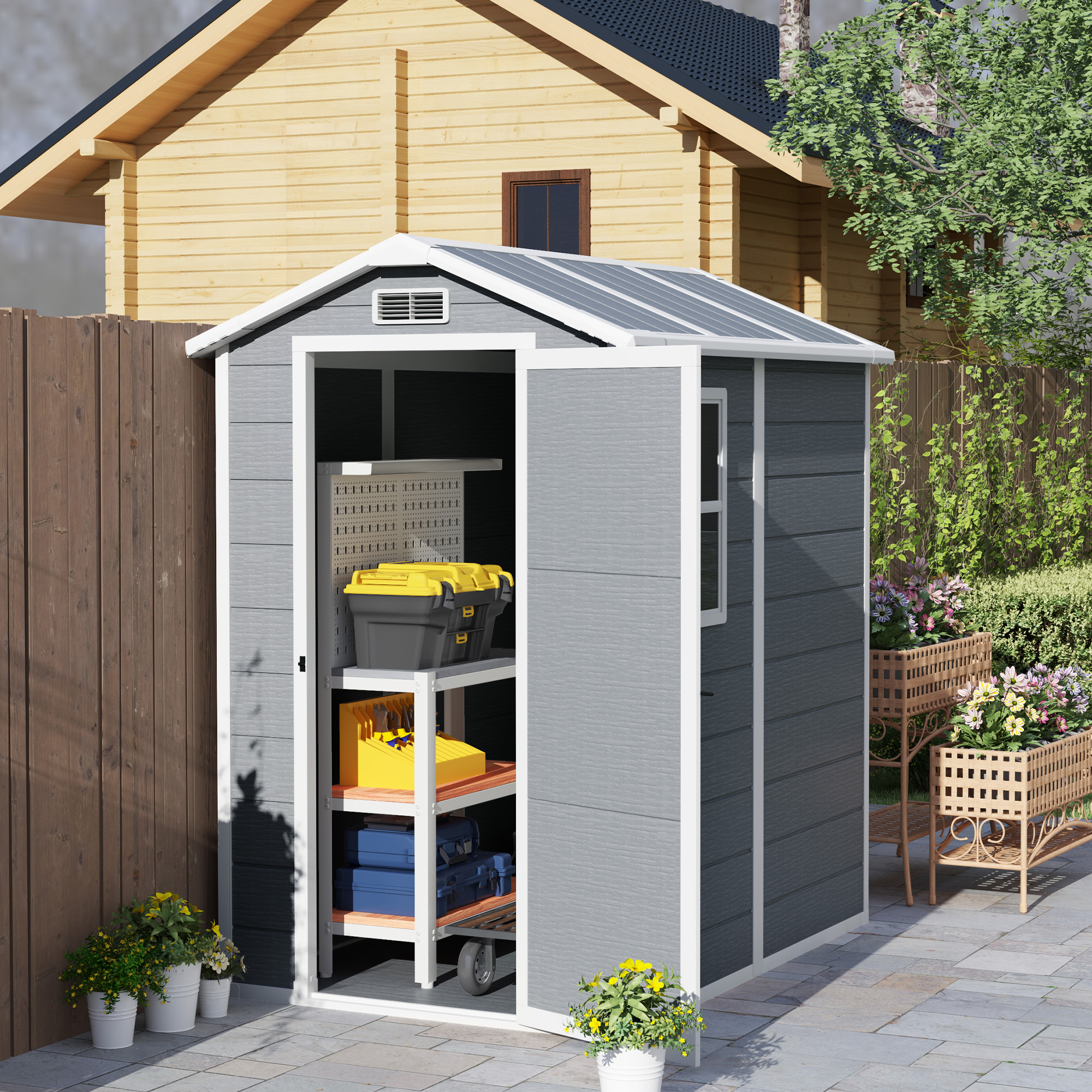Outsunny Tuinschuur, Kunststof Tuinhuis met Vloer, Venster, Vergrendelbare Deuren, voor Tuin, 131B x 186D x 198H cm, Grijs
