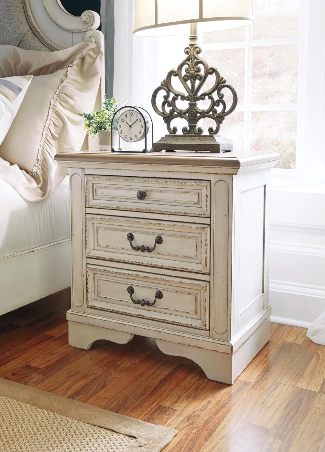 Signature Design by Ashley Realyn French Country 3 Drawer Nightstand with Electrical Outlets & USB Ports, 27.75