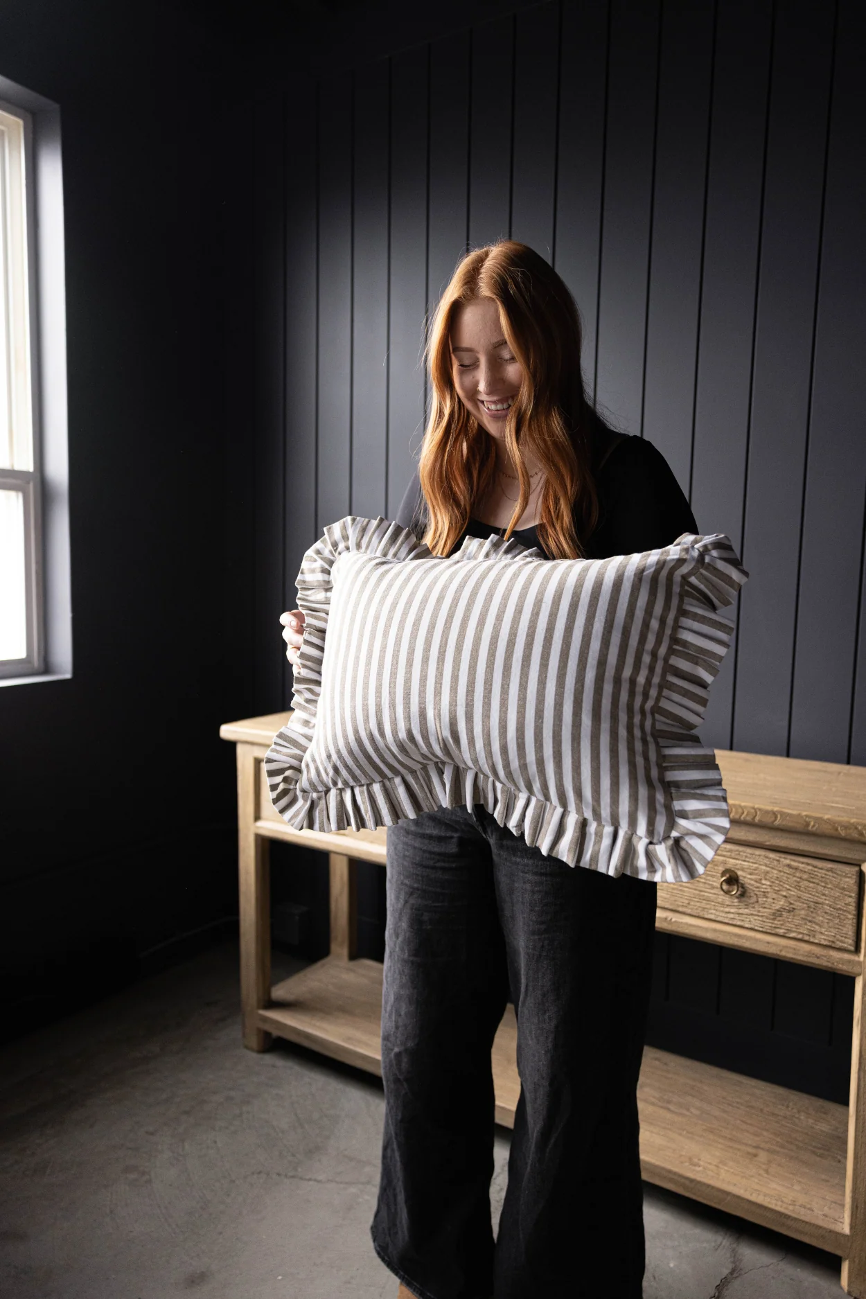 Ruffle Lumbar Pillow Cover Olive Green Stripes