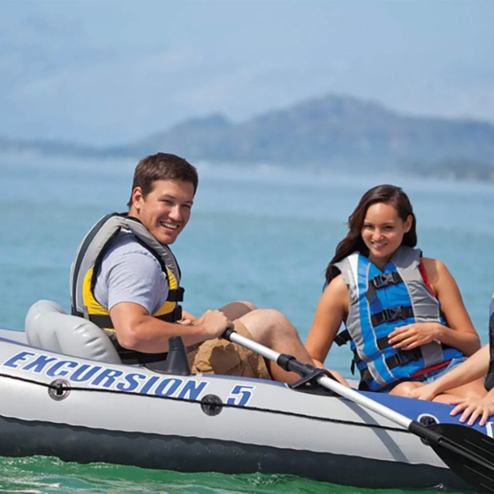INTEX Excursion Inflatable Boat Series: Includes Deluxe 54in Boat Oars and High-Output Pump �C SuperTough PVC �C Adjustable Seats with Backrest �C Fishing Rod Holders �C Welded Oar Locks