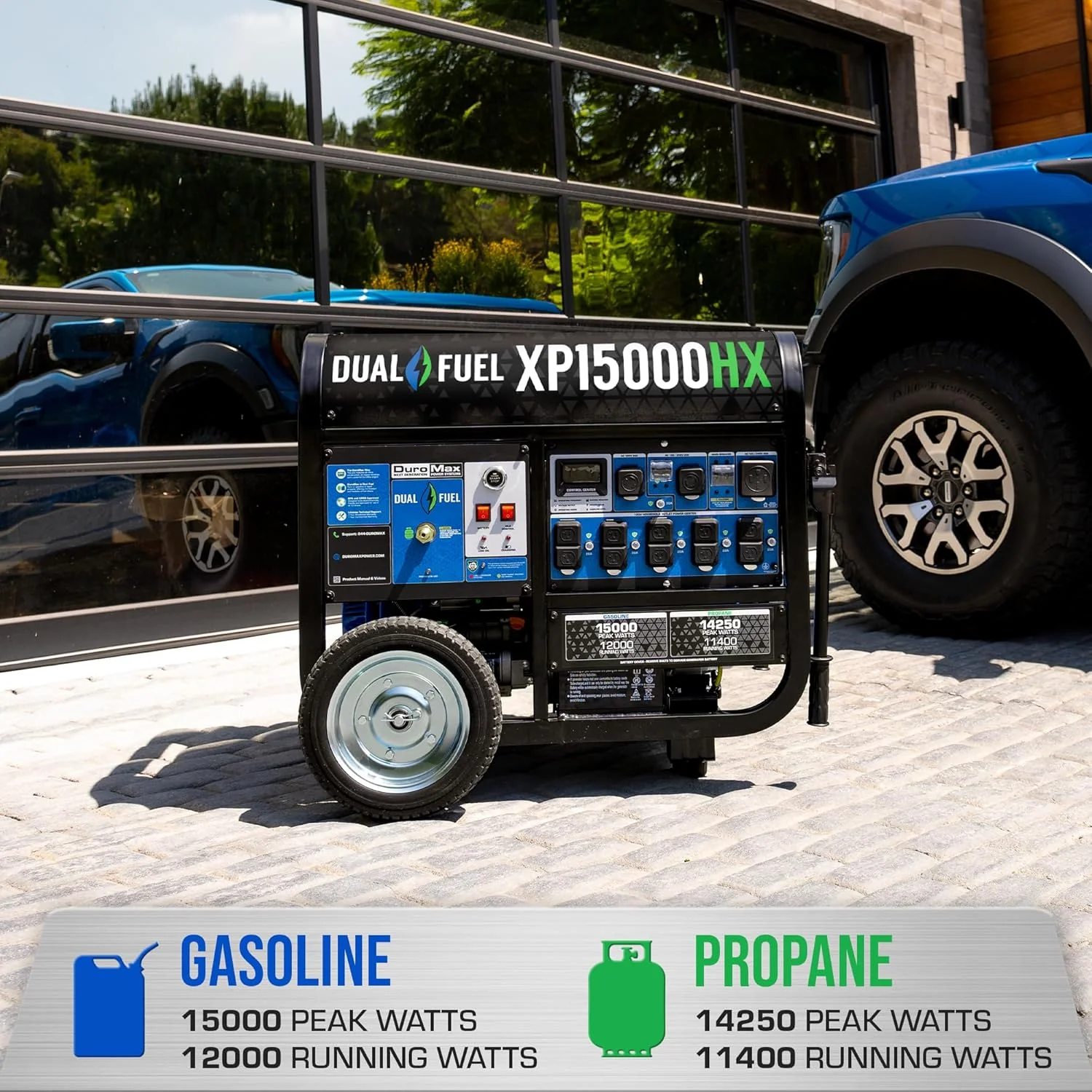 DuroMax XP15000HX 15 000 wattos kettős üzemanyagú hordozható generátor - Benzin és propán távirányítós elektromos indítással, teljes otthoni tartalék áramellátással, átkapcsolóval és lakókocsi, valamint vészhelyzeti használatra kész
