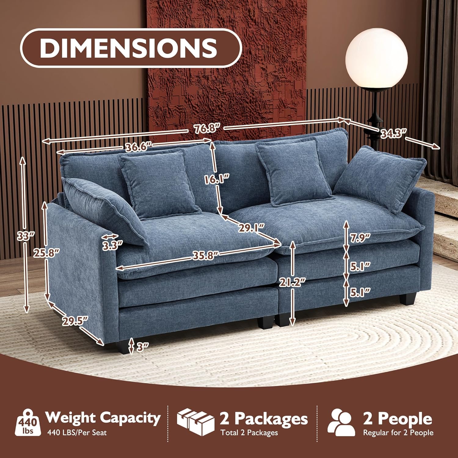 111.4 Inch L-Shaped Modern Sofa Modular Cloud Sofa Ottoman 4-Seater Chenille Deep Seat Sofa