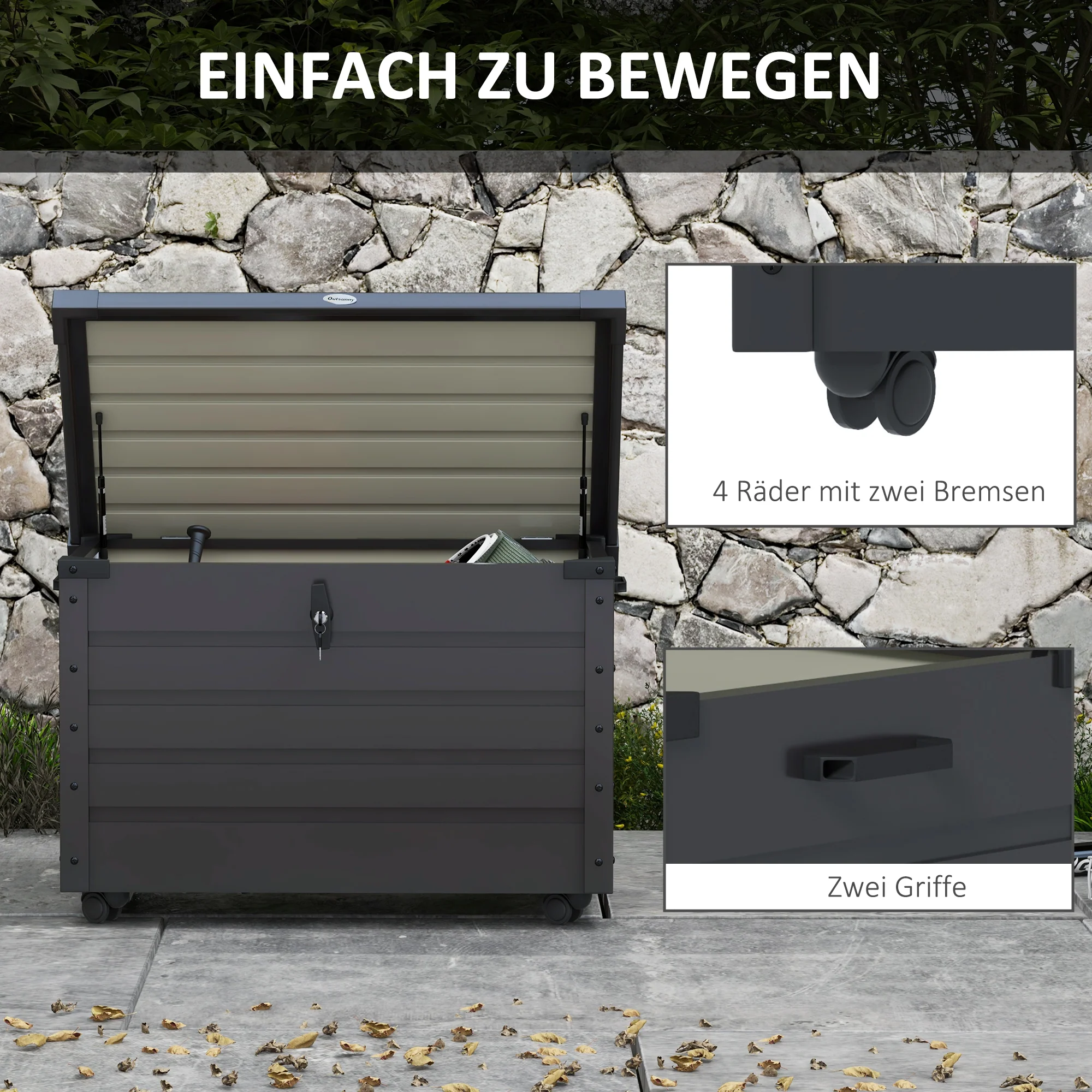 Outsunny Buiten Opbergbox Tuinkist Kussenbox, weerbestendig, 4 Wielen, 100 cm x 62 cm x 65 cm, Donkergrijs