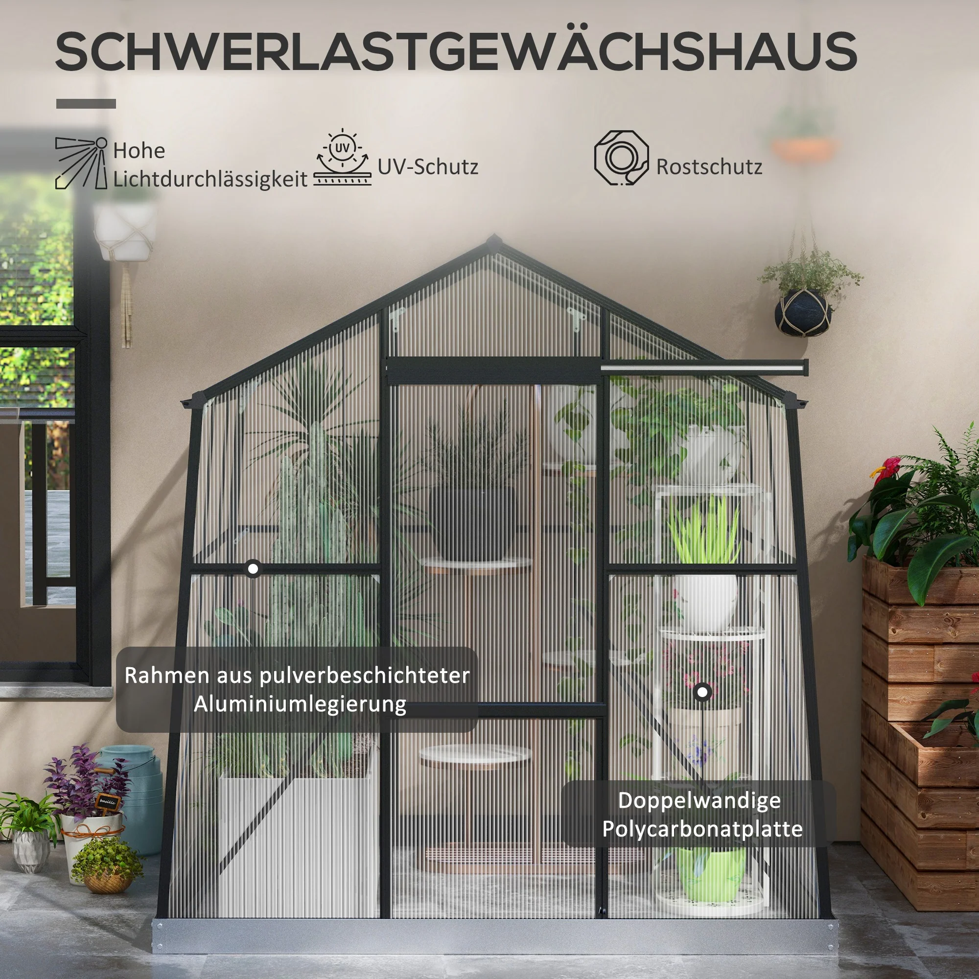 Outsunny Kas Kweekhuis Kweekbed, weerbestendig, 192 x 192 x 203 cm, Zwart