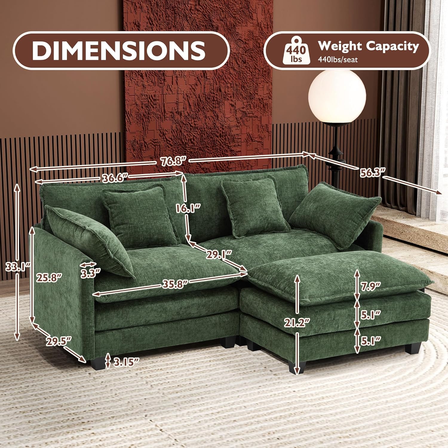 111.4 Inch L-Shaped Modern Sofa Modular Cloud Sofa Ottoman 4-Seater Chenille Deep Seat Sofa