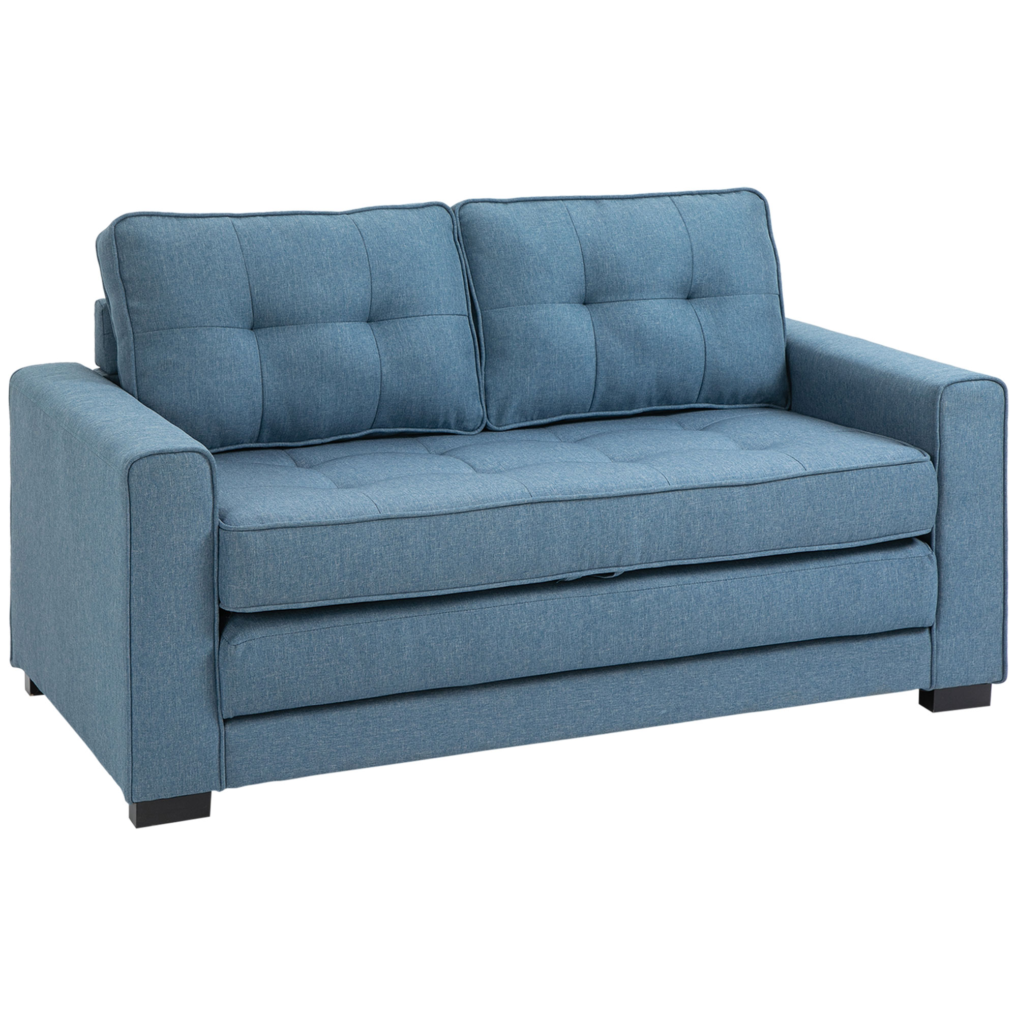 HOMCOM slaapbank, opklapbare sofa 2-zits, stoffen slaapbank, sofa met slaapfunctie, linnen touch, rubber hout, blauw, 147.5 x 75 x 85 cm