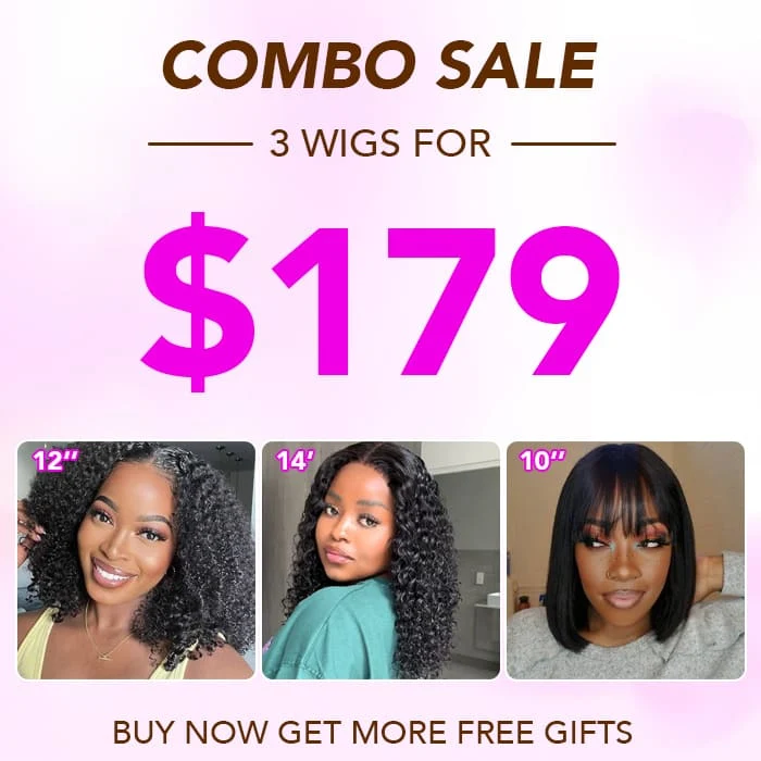 3 Wigs=$179| 12 Inches V Part Curly Wig +14 Inch 4X4 Lace Water Wave Wig + 10 Inches Machine Made Straight BOB With Bangs