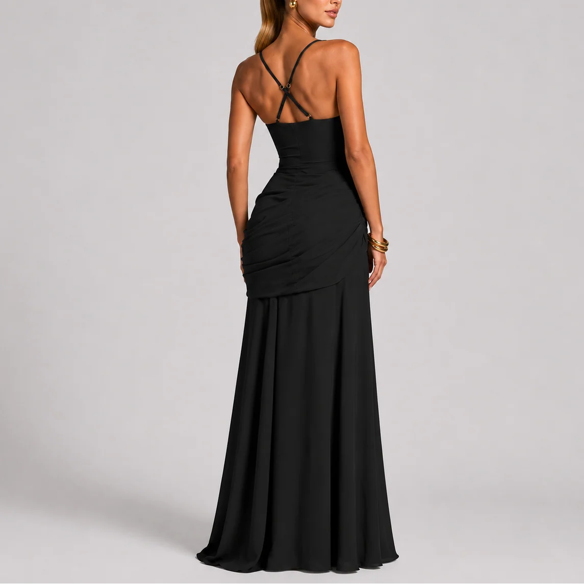 Womena??s Maxi Evening Dress with Ruched Waist and Square Neckline