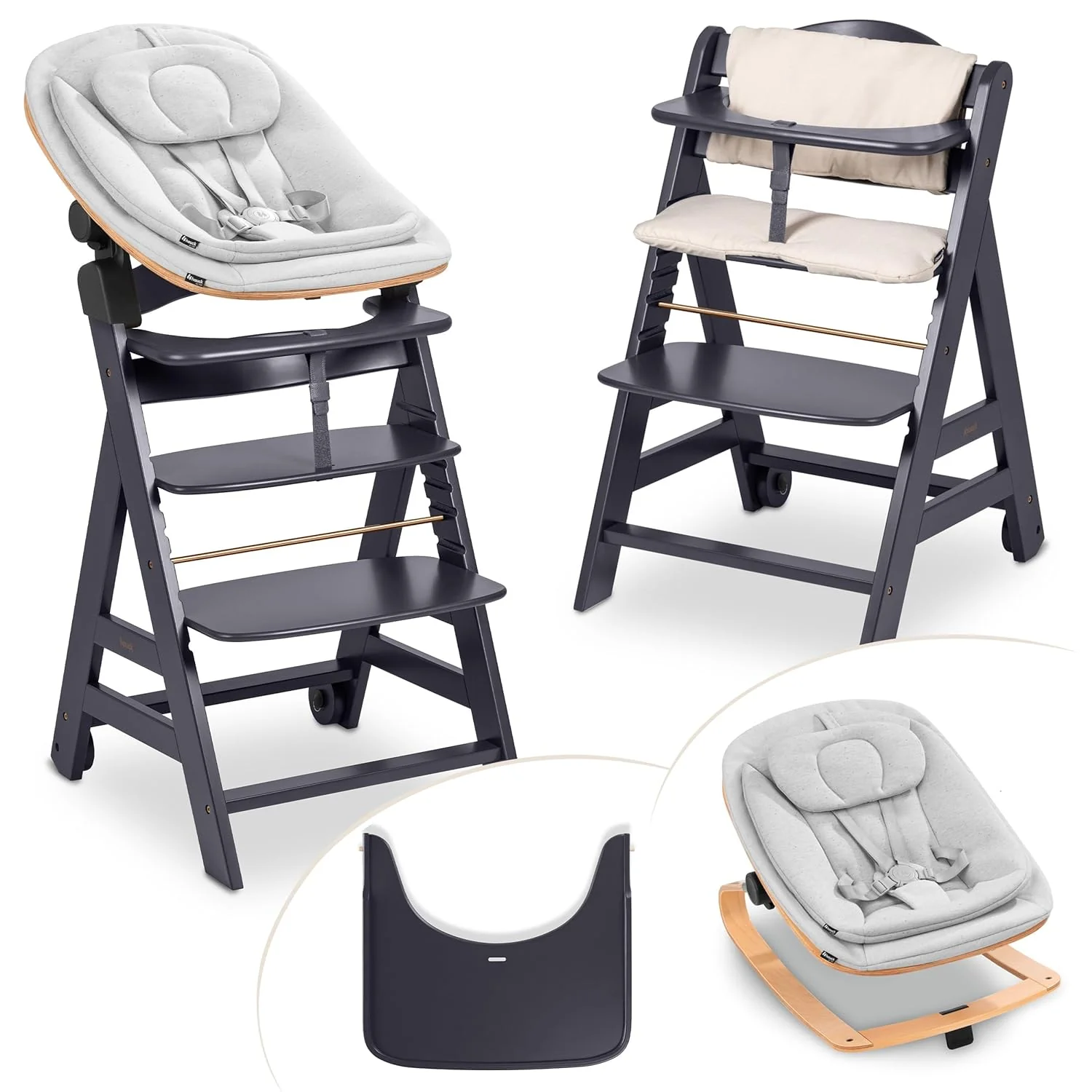 hauck Hochstuhl Beta+ Newborn Set Eco Bouncer - mitwachsender Holz Babyhochstuhl ab Geburt, inkl. Neugeborenenaufsatz, Sitzpolster und Essbrett - Dark Grey