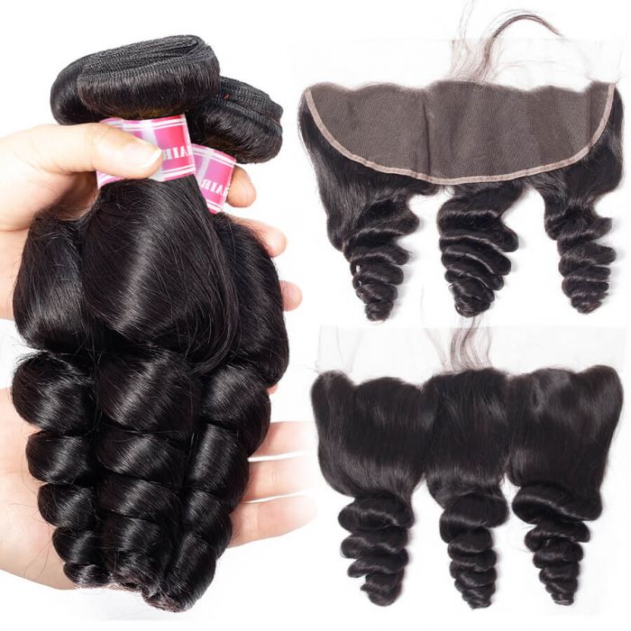 Brazilian Loose Wave Hair 3 Bundles With 13x4 Lace Frontal 100% Virgin Human Hair Weave