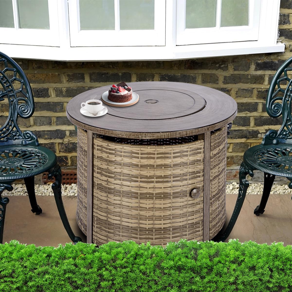 OutVue 32 inch Propane Fire Pit Table,Wicker Gas Fire Pits Table with Lid & Lava Rocks, 50000 BTU Round Propane Firepit for Outside, Fire Table for Dining,Party, Patio,Yard