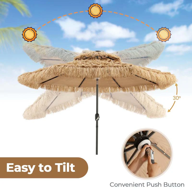 9FT Thatched Tiki Patio Umbrella with 33 Solar LED Lights, Hawaiian Style 2-Tier Hula Beach Umbrella with Tilt & Crank for Pool, Backyard, Garden