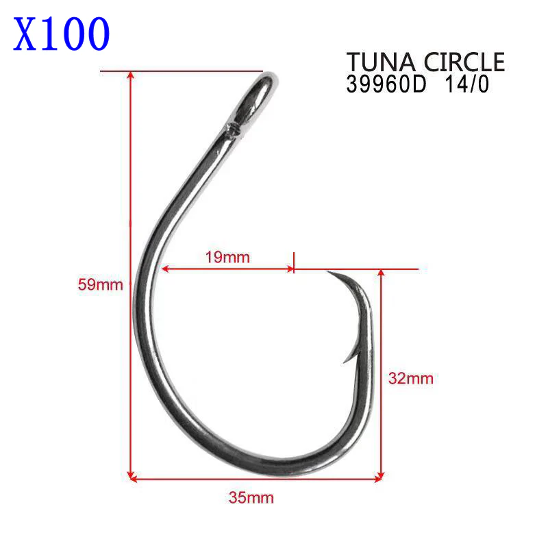 100/1000 X Chemically Sharpened Tuna Circle Hooks Size 14/0 Fishing Tackle