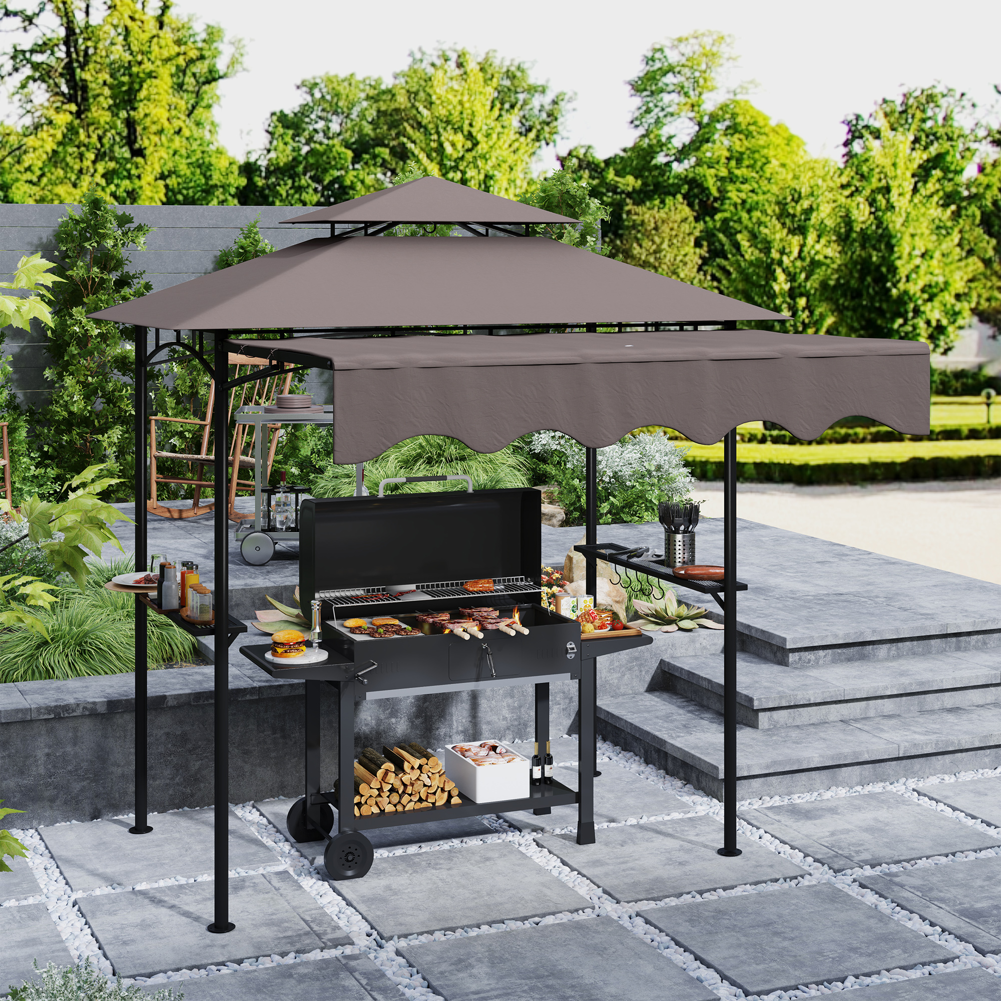 Grillpaviljoen 242x149x248 cm Waterafstotend Vlamvertragend Tuinpaviljoen met Dubbellagig Dak Koffie